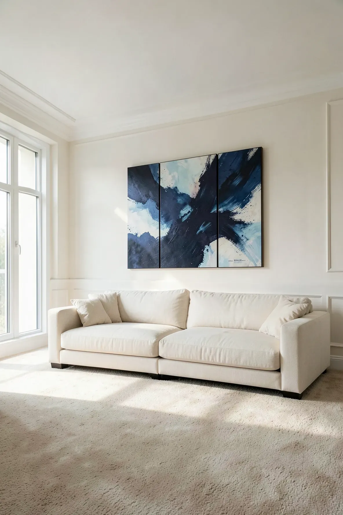 A modern living room with beige carpet and a large blue abstract painting on the wall.