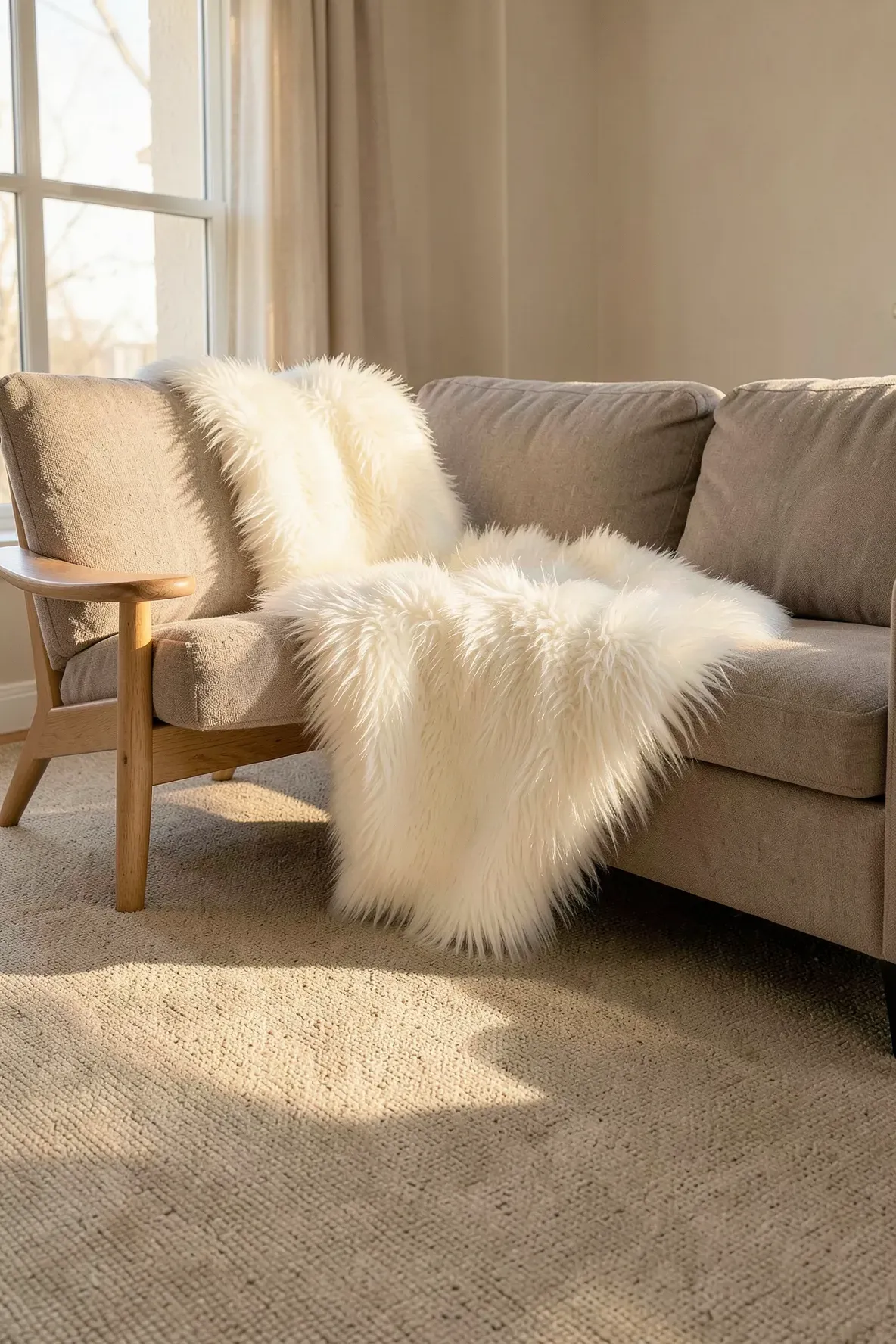 A white faux fur blanket draped on a sofa over a beige carpeted floor.