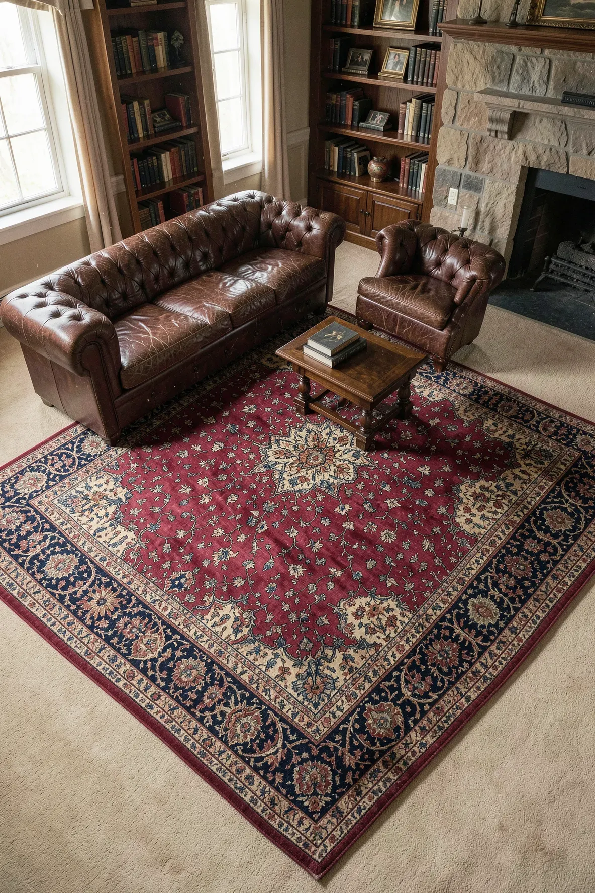A colorful antique Persian rug layered on top of a plain beige carpet in a living room.