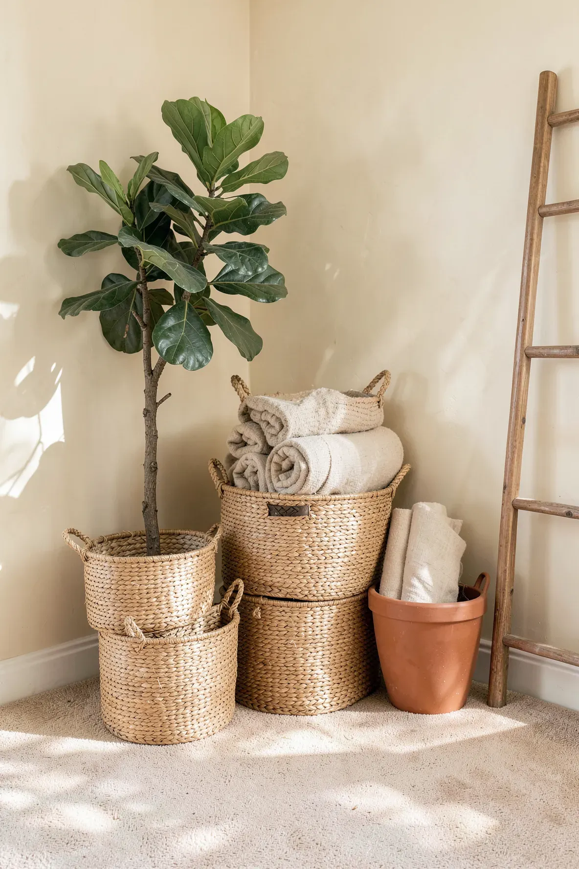 Natural seagrass baskets used for storage on a beige carpeted floor.