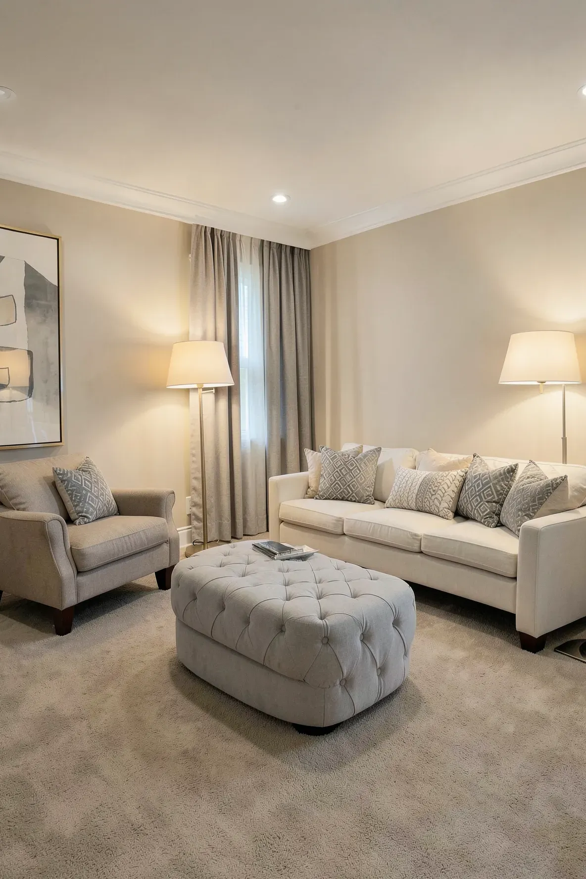 A living room with beige carpet featuring grey pillows and a grey ottoman.