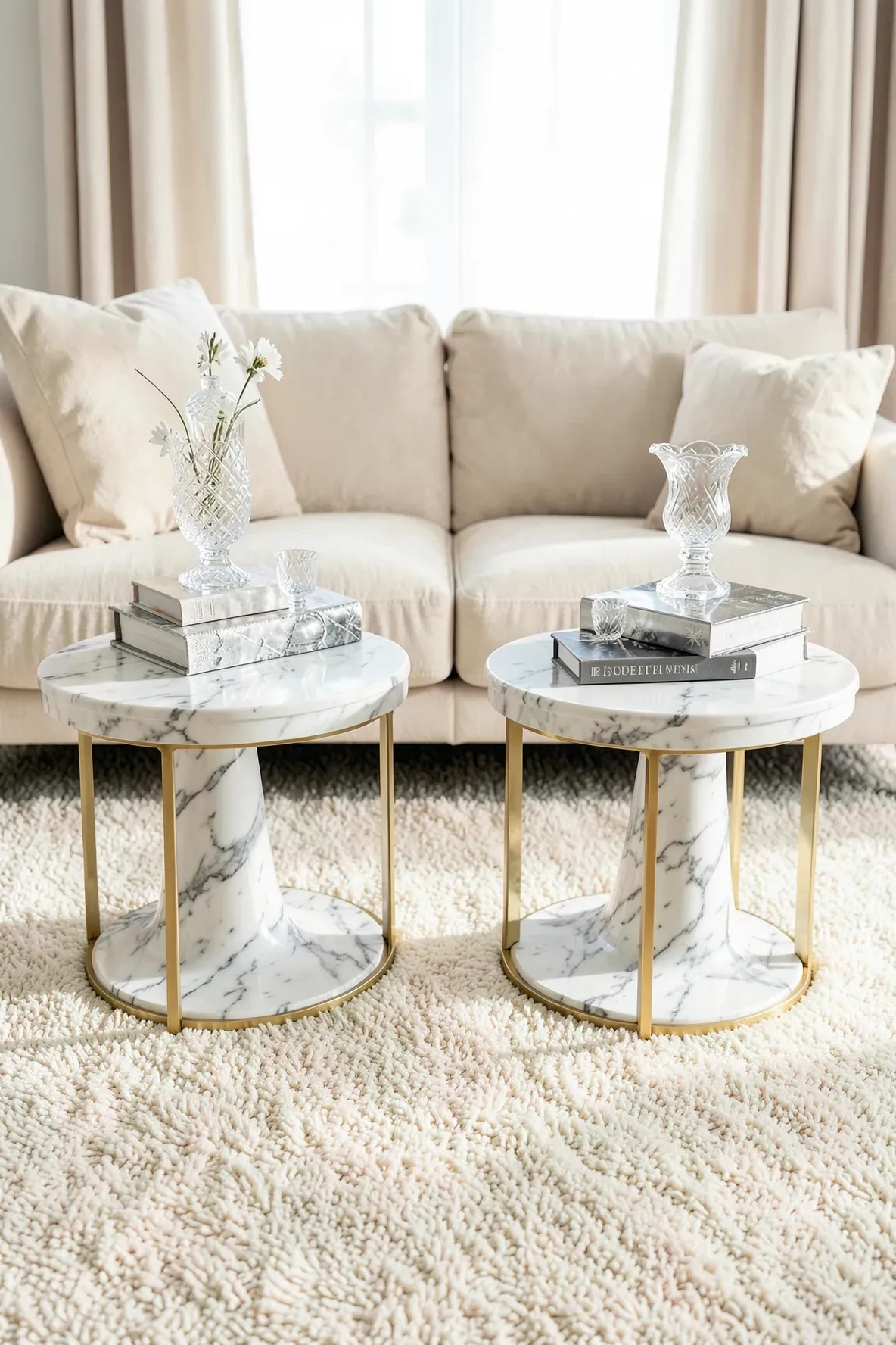 Elegant marble-top side tables on a plush cream-colored carpet in a luxury room.