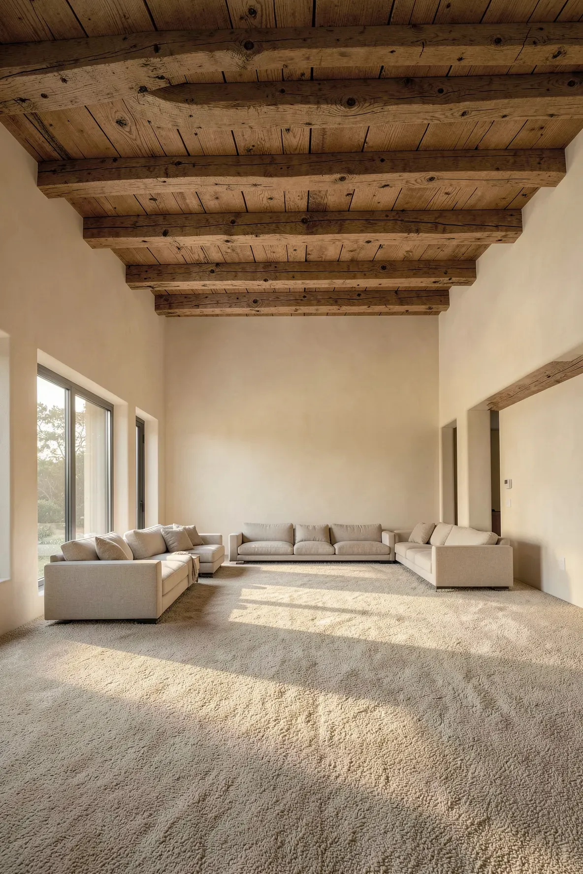 A spacious living room with a plush beige carpet and matching warm exposed wood beams on the ceiling.
