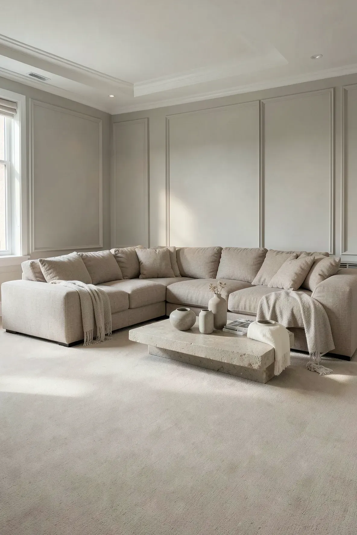 A modern living room featuring a linen sectional sofa in a shade that matches the seamless beige carpet.