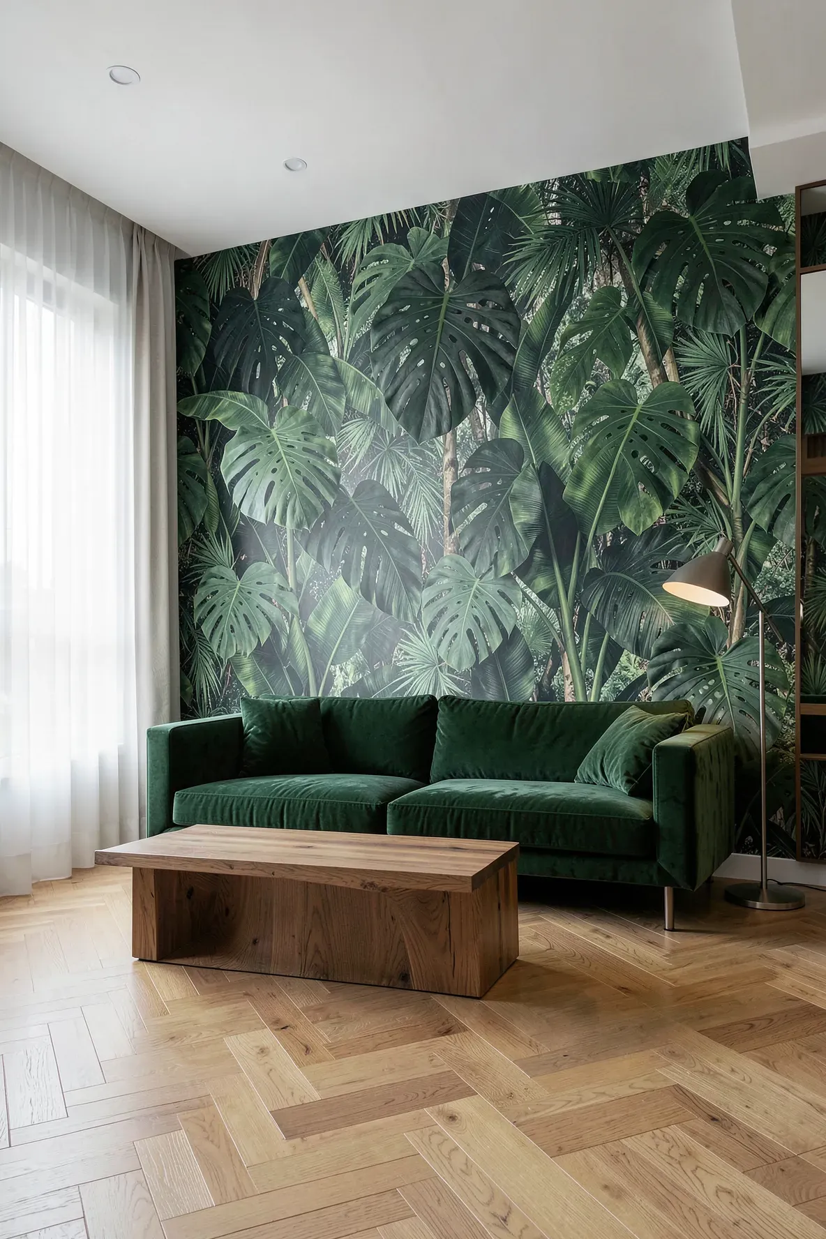 A modern living room with a large-scale green botanical leaf wallpaper accent wall behind a velvet sofa.