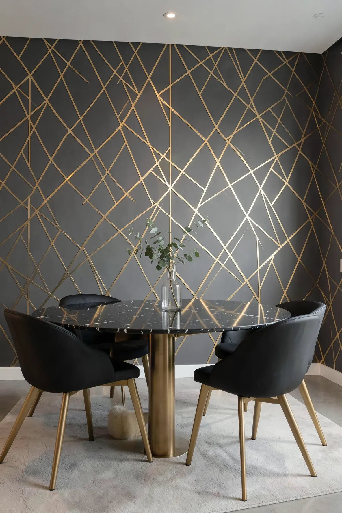 A sophisticated dining room featuring a matte grey accent wall with gold metallic geometric patterns.