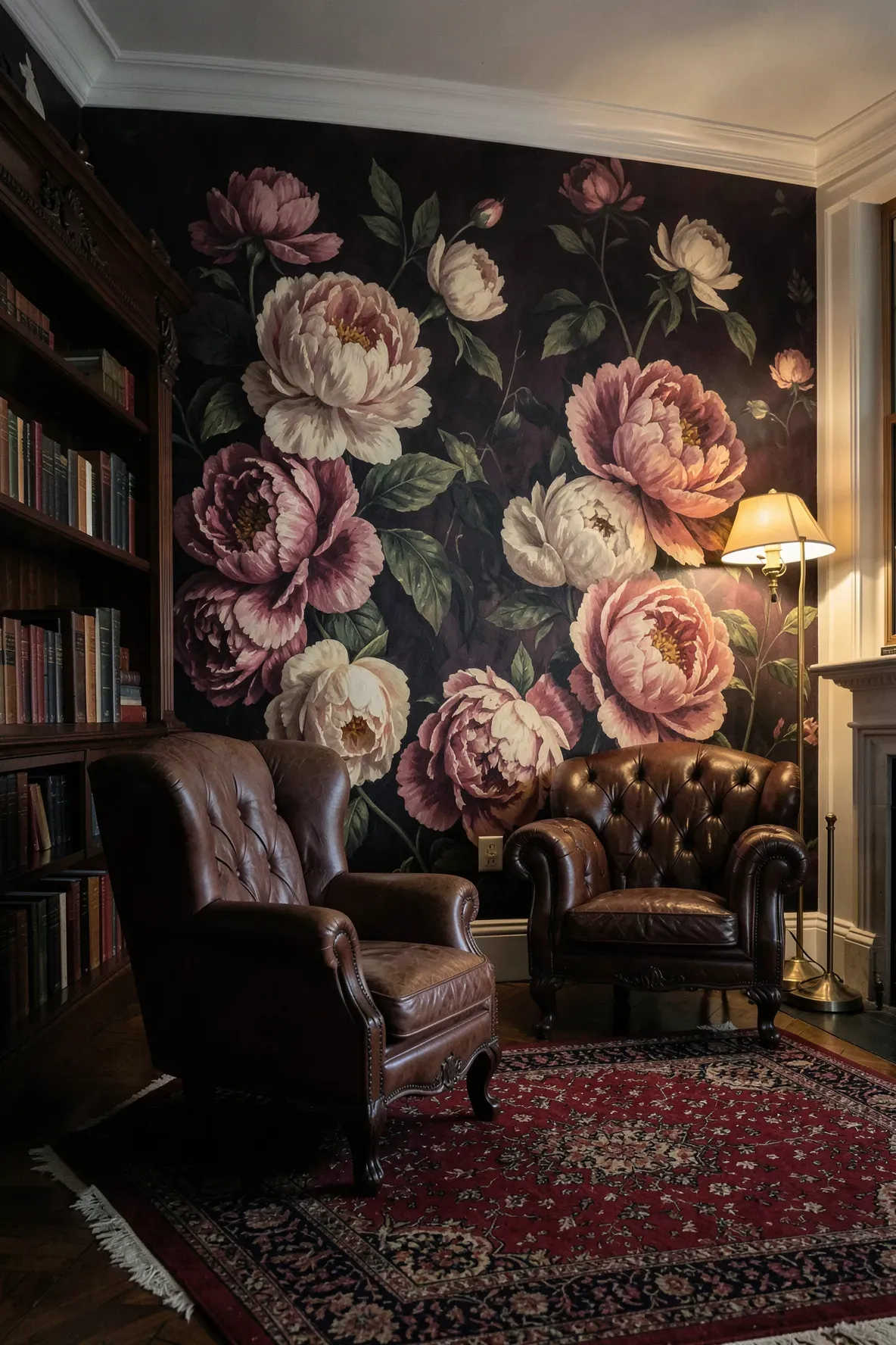 A traditional living room with a dark, moody vintage floral mural accent wall and classic furniture.