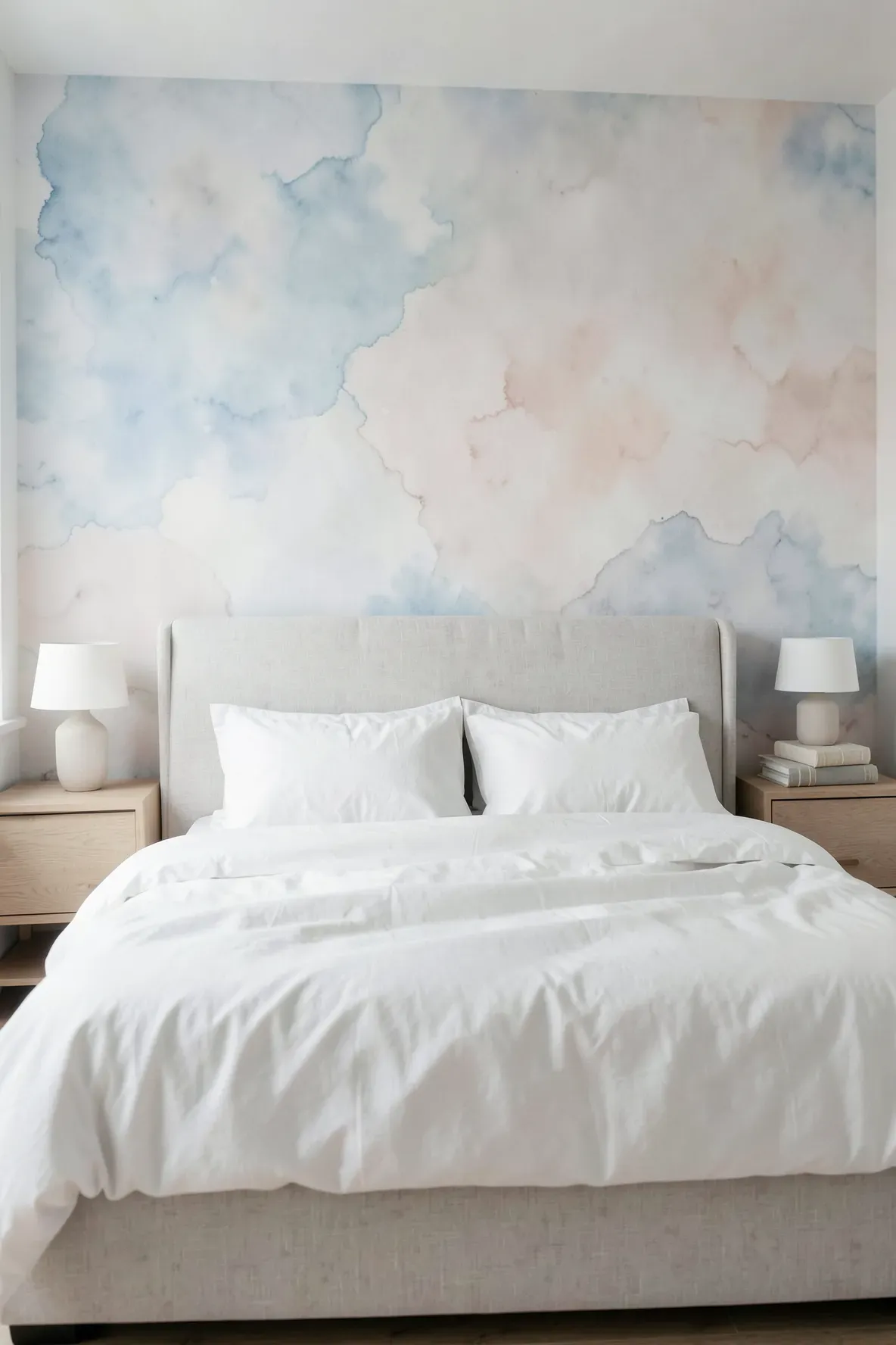A peaceful bedroom with a soft blue and pink watercolor wash wallpaper accent wall behind the bed.