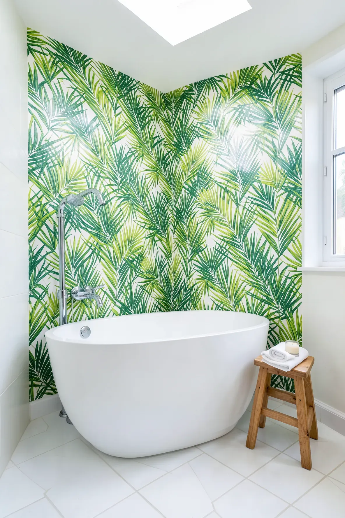 A bright bathroom with a tropical green palm leaf wallpaper accent wall and a white soaking tub.