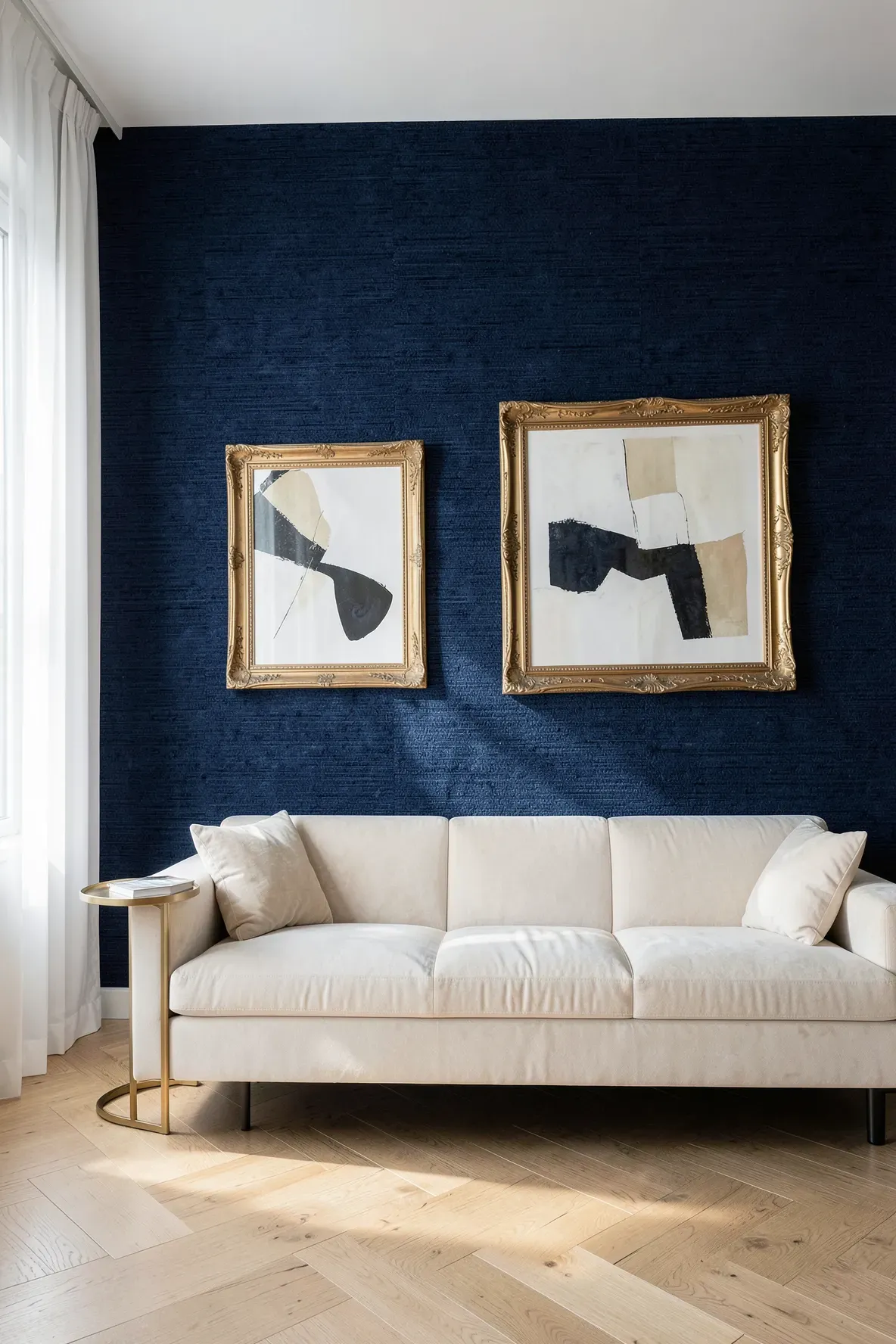 A luxurious living room with a textured deep navy grasscloth accent wall and gold-framed art.