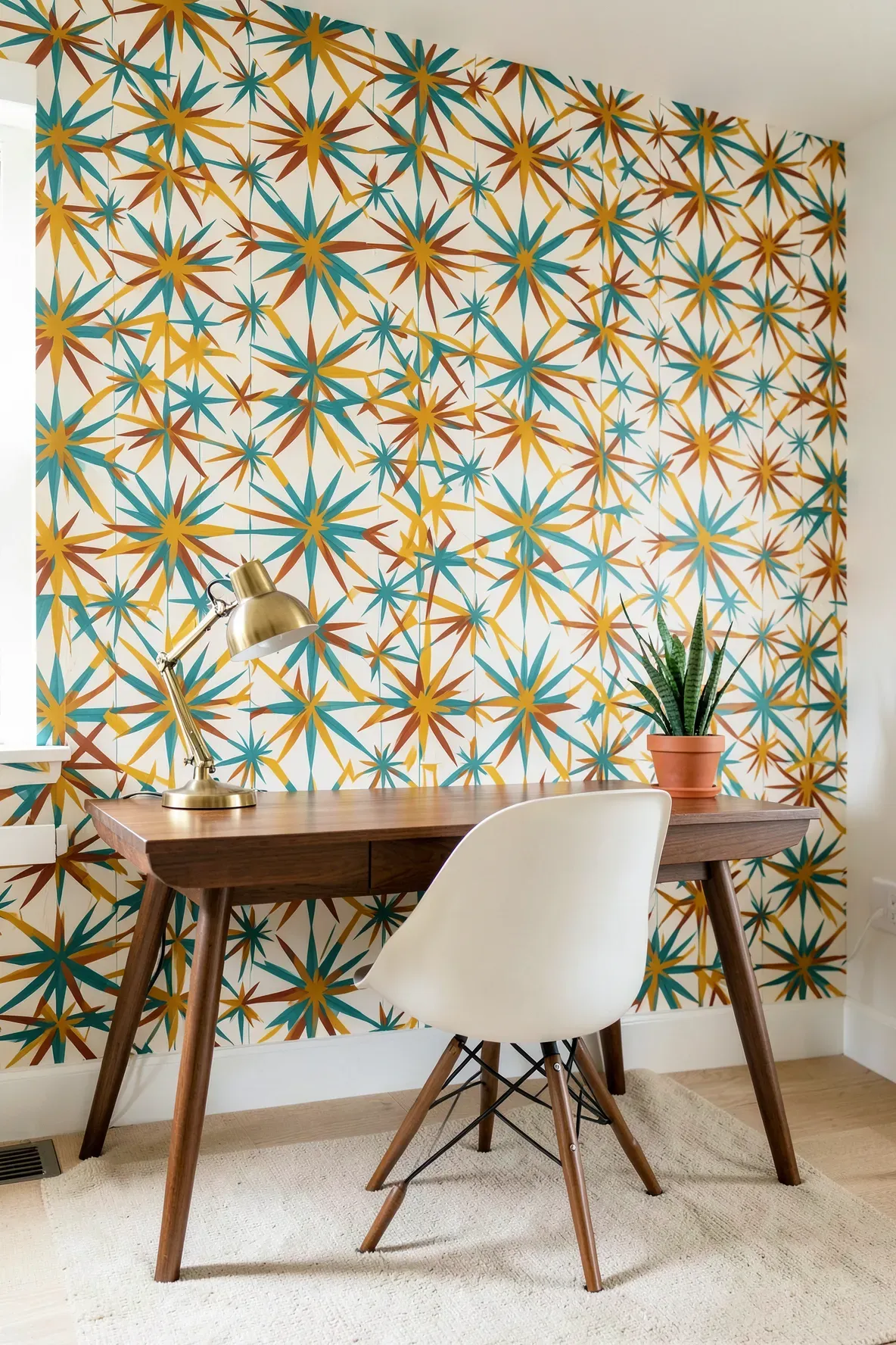 A retro home office with walnut furniture and a mustard and teal starburst pattern accent wall.