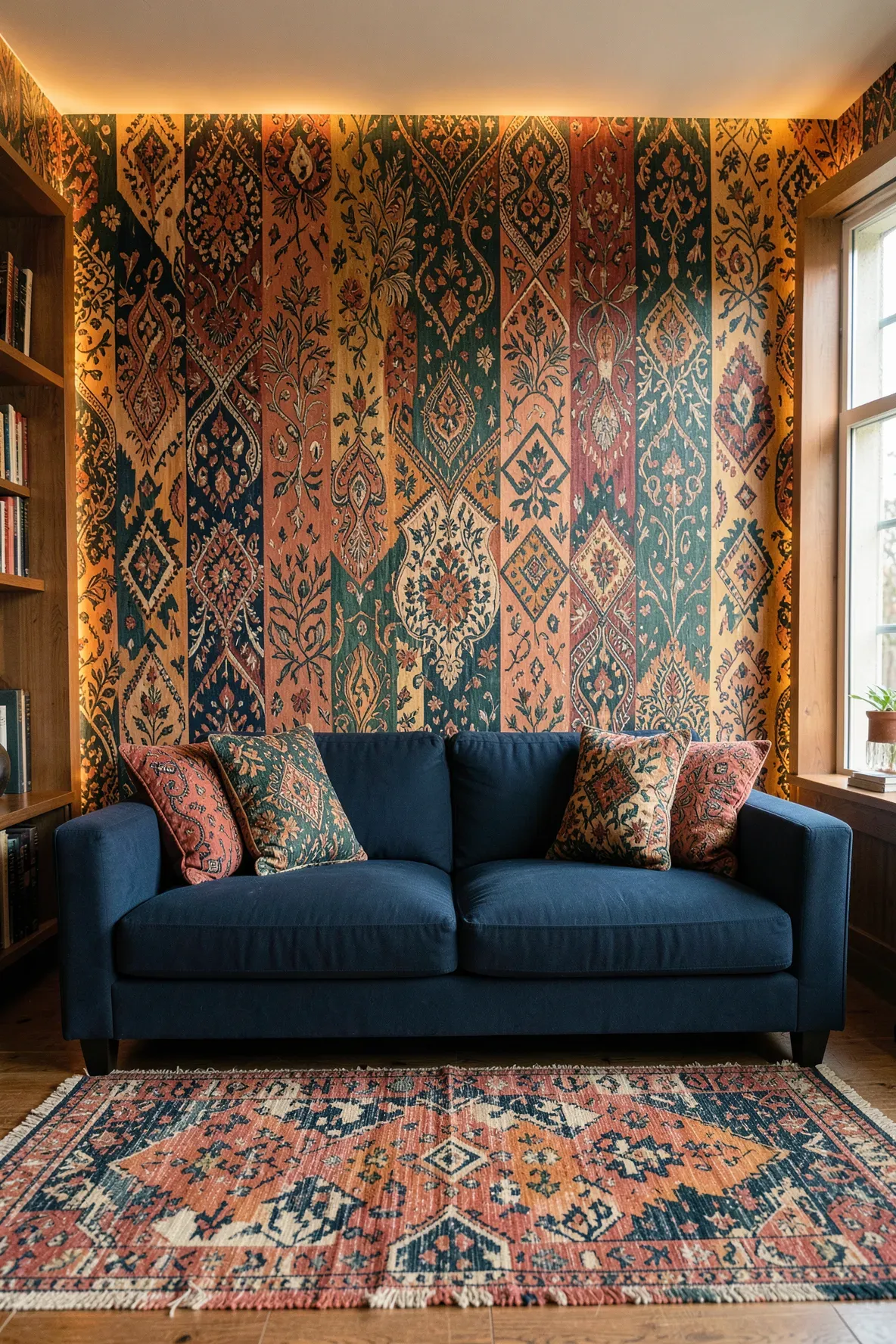 An eclectic room featuring a global-inspired wallpaper wall with intricate multi-cultural patterns.