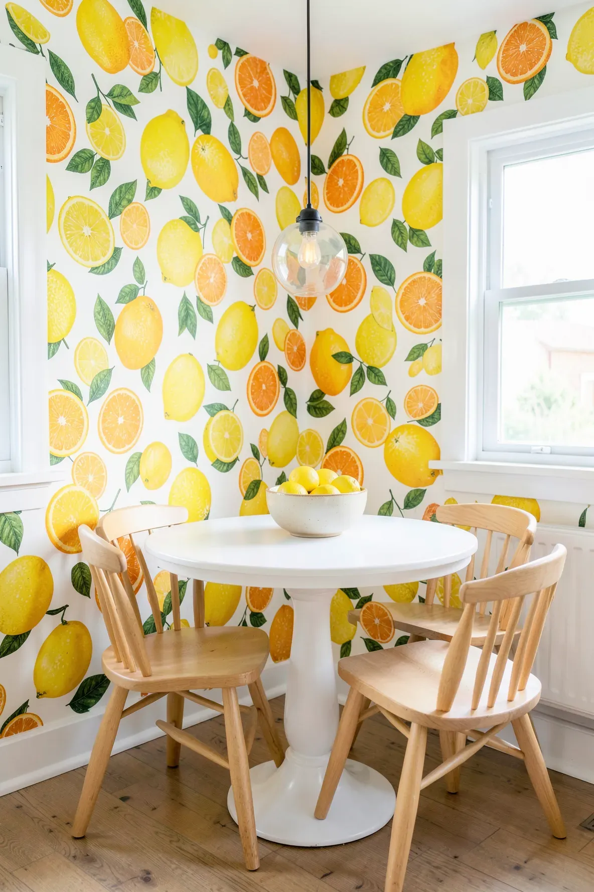 A bright kitchen breakfast nook with a cheerful yellow lemon and orange print wallpaper wall.
