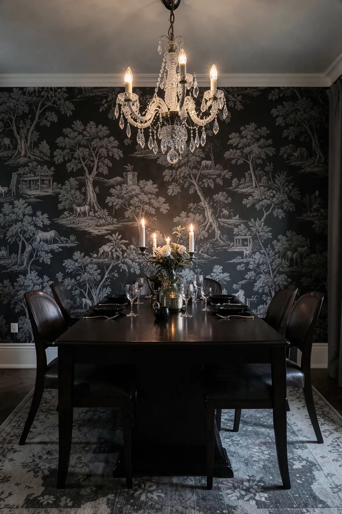 A dramatic dining room with a dark charcoal toile wallpaper accent wall and a crystal chandelier.