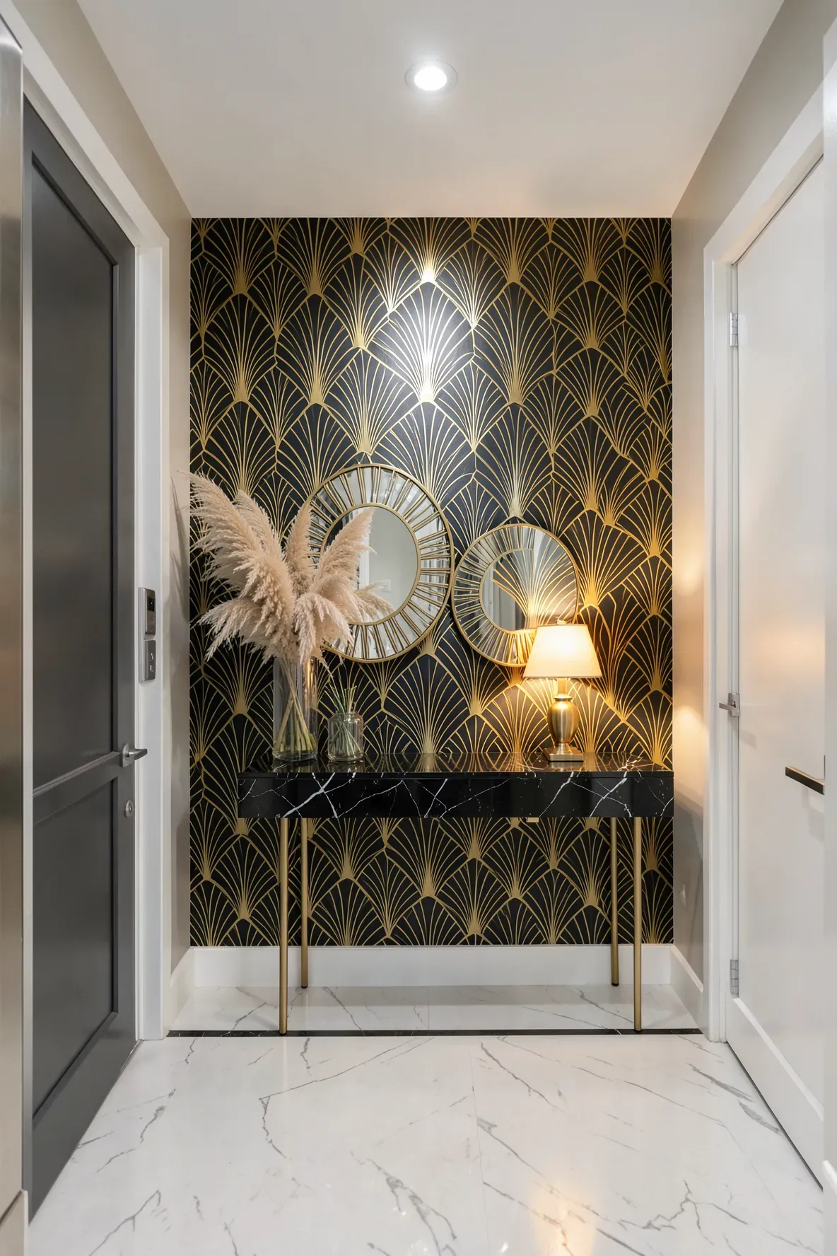 A glamorous entryway with a bold gold and black Art Deco fan pattern wallpaper accent wall.
