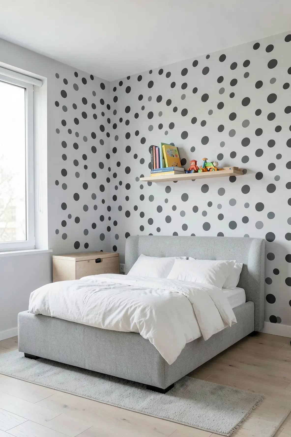 A modern kids' bedroom with an accent wall featuring large, artistic charcoal polka dots.