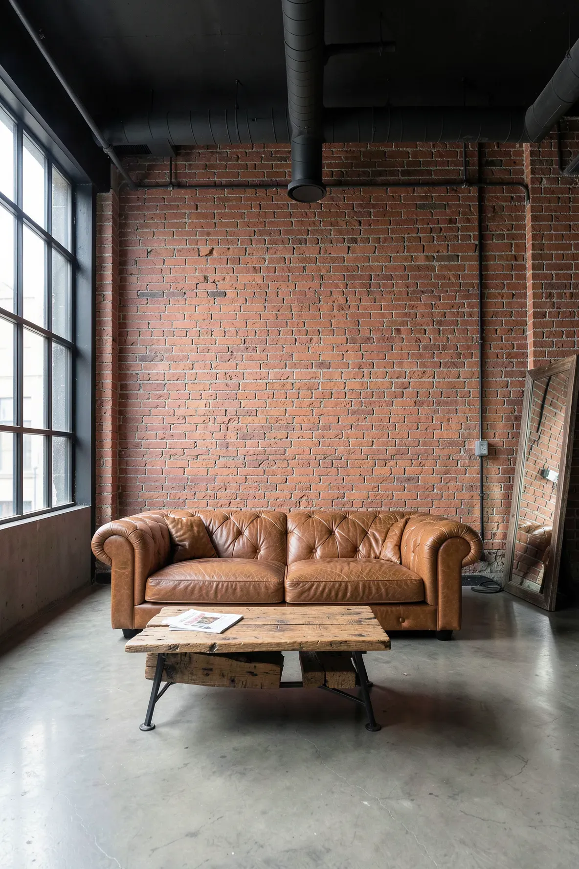 Industrial living room with a realistic red brick wallpaper accent wall and a leather sofa.