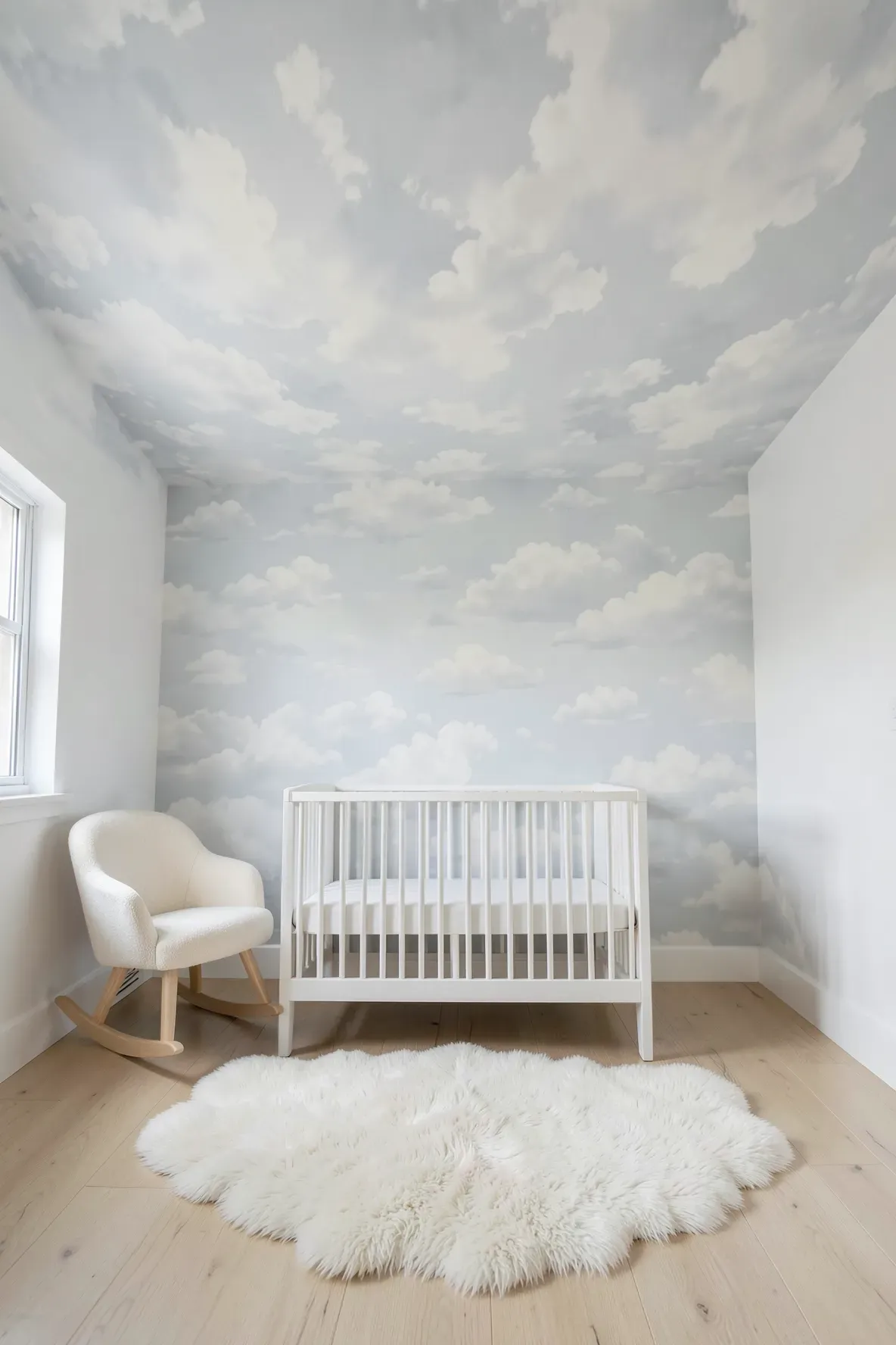 A peaceful nursery featuring a ceiling decorated with soft grey and white cloud wallpaper.