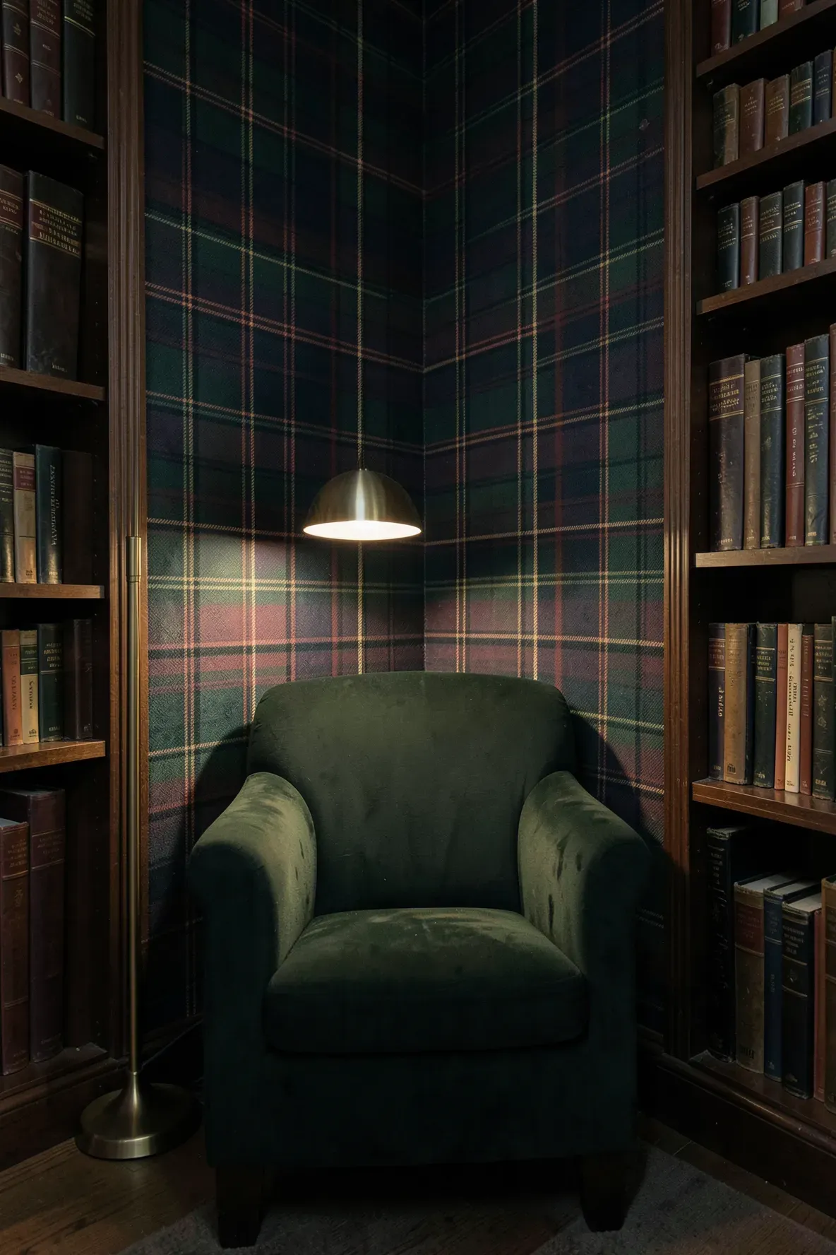 A cozy reading corner with a green and burgundy plaid wallpaper accent wall and velvet chair.