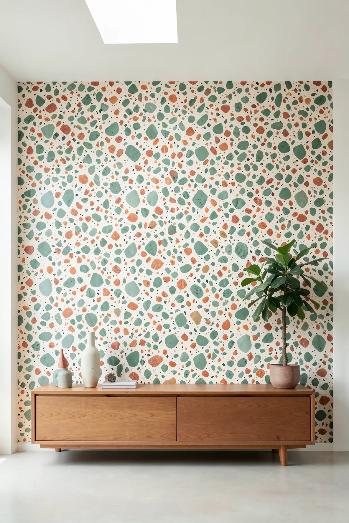 A contemporary room featuring an oversized terrazzo pattern wallpaper accent wall in earth tones.