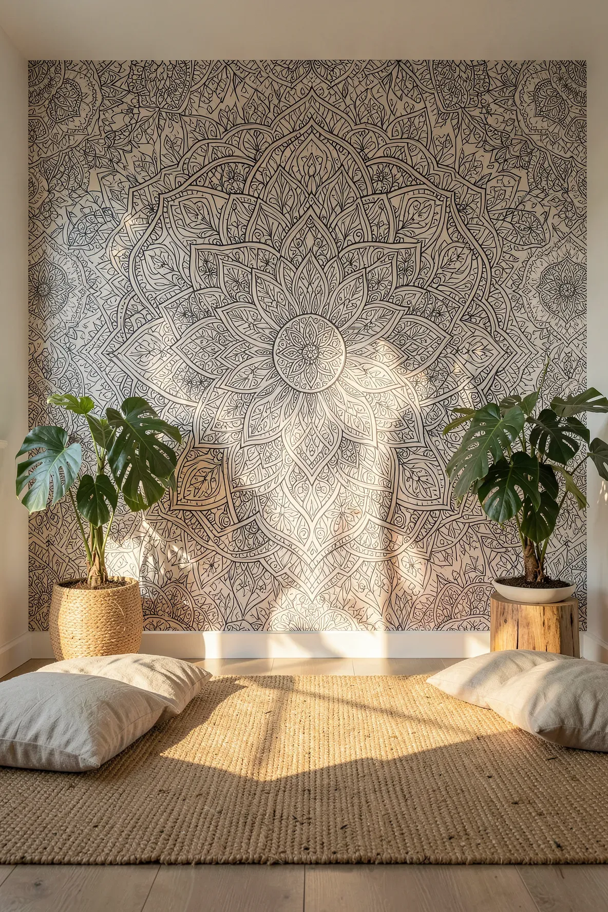 A zen meditation space with an intricate charcoal mandala wallpaper accent wall and floor cushions.