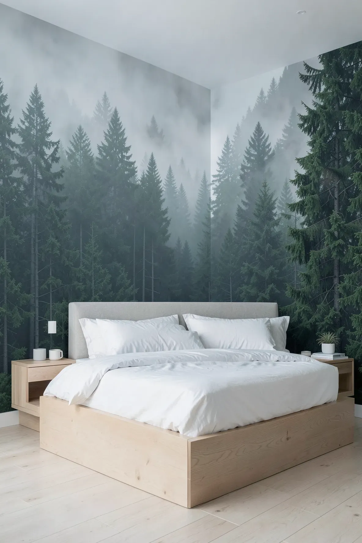 A bedroom featuring a large misty forest mural accent wall that brings nature indoors.