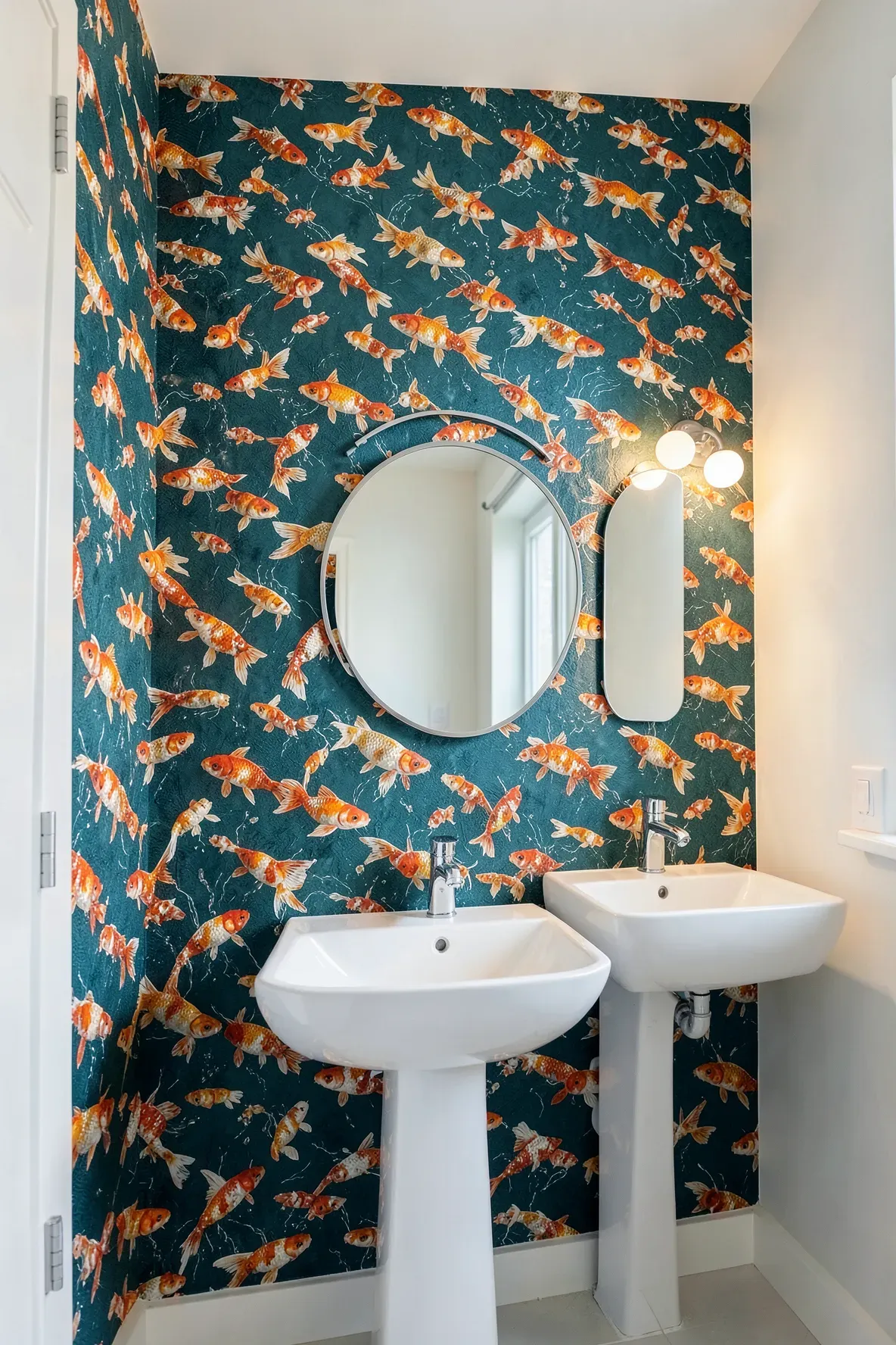 A bathroom with a bold teal wallpaper featuring orange koi fish behind a modern white sink.