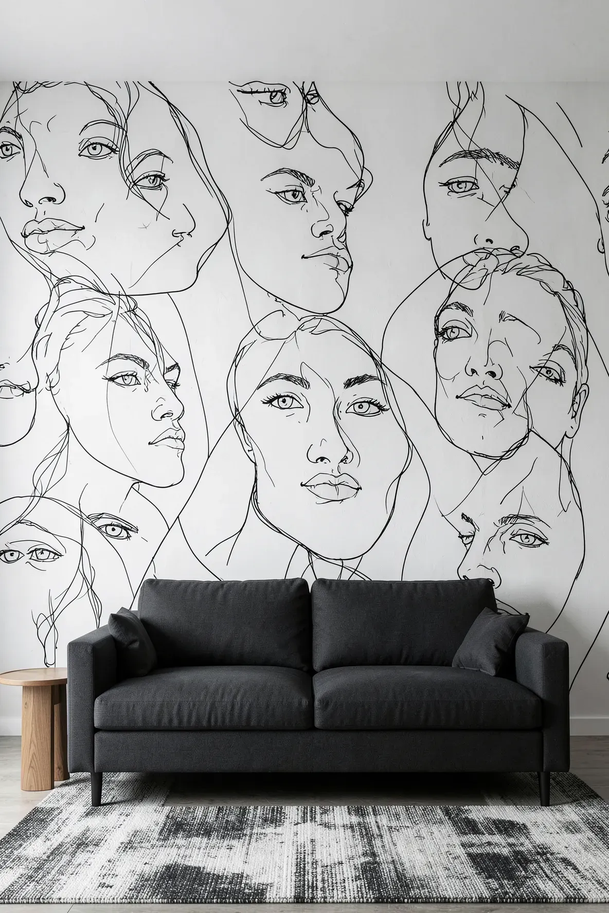A minimalist living room with black line art wallpaper of faces on a white accent wall.