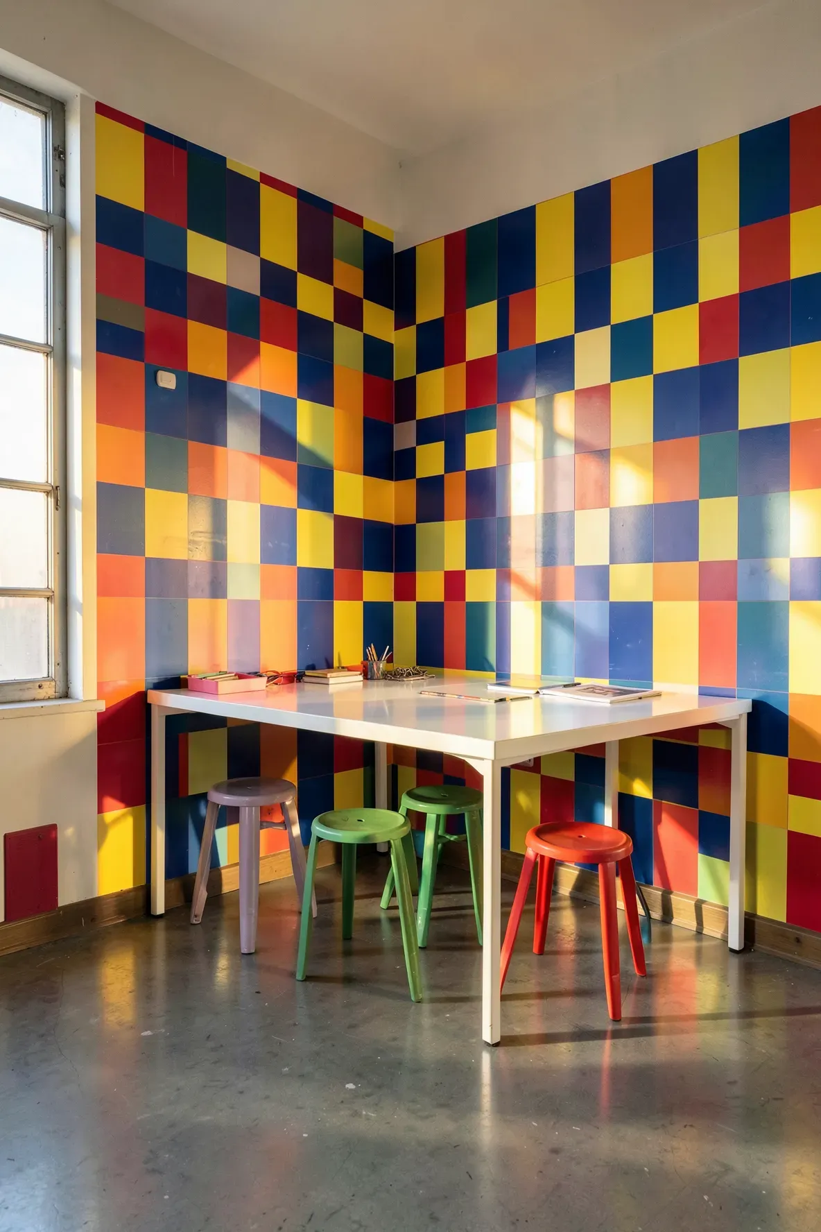 A creative studio with a bold red, blue, and yellow checkerboard pattern wallpaper wall.