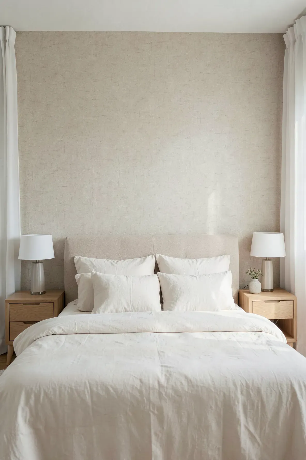 A peaceful bedroom with a soft oatmeal-colored linen textured wallpaper accent wall.