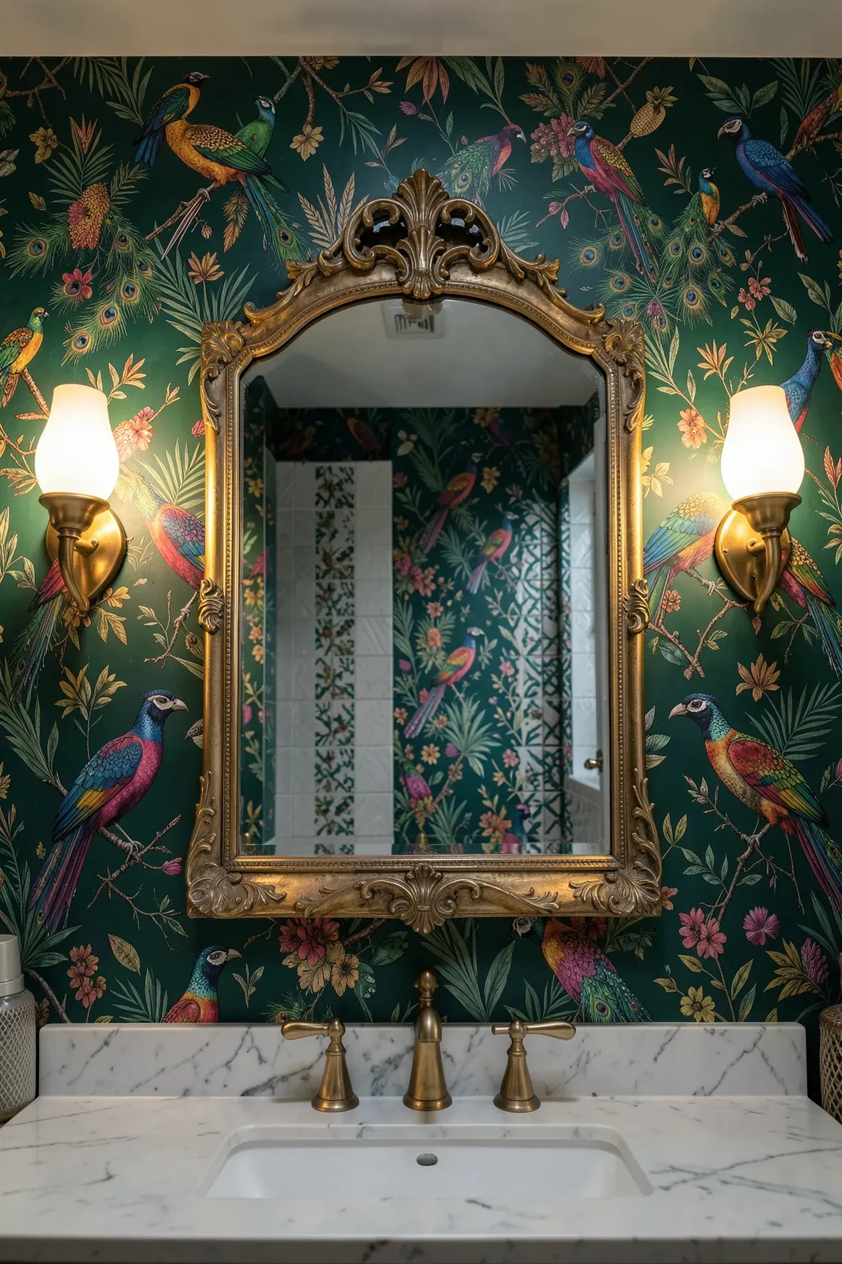 A funky bathroom with exotic bird wallpaper and an ornate gold mirror on the accent wall.