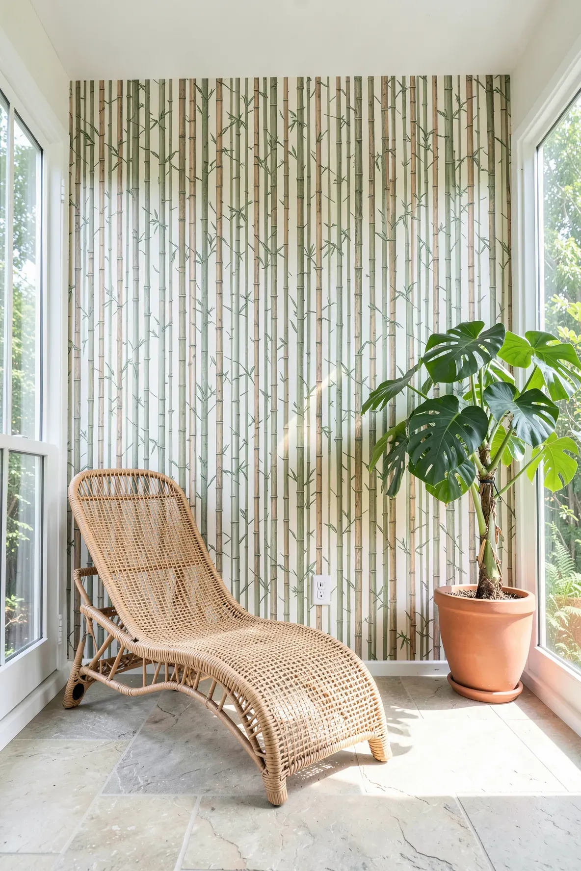 A sunroom with vertical bamboo print wallpaper on an accent wall next to a wicker chair.