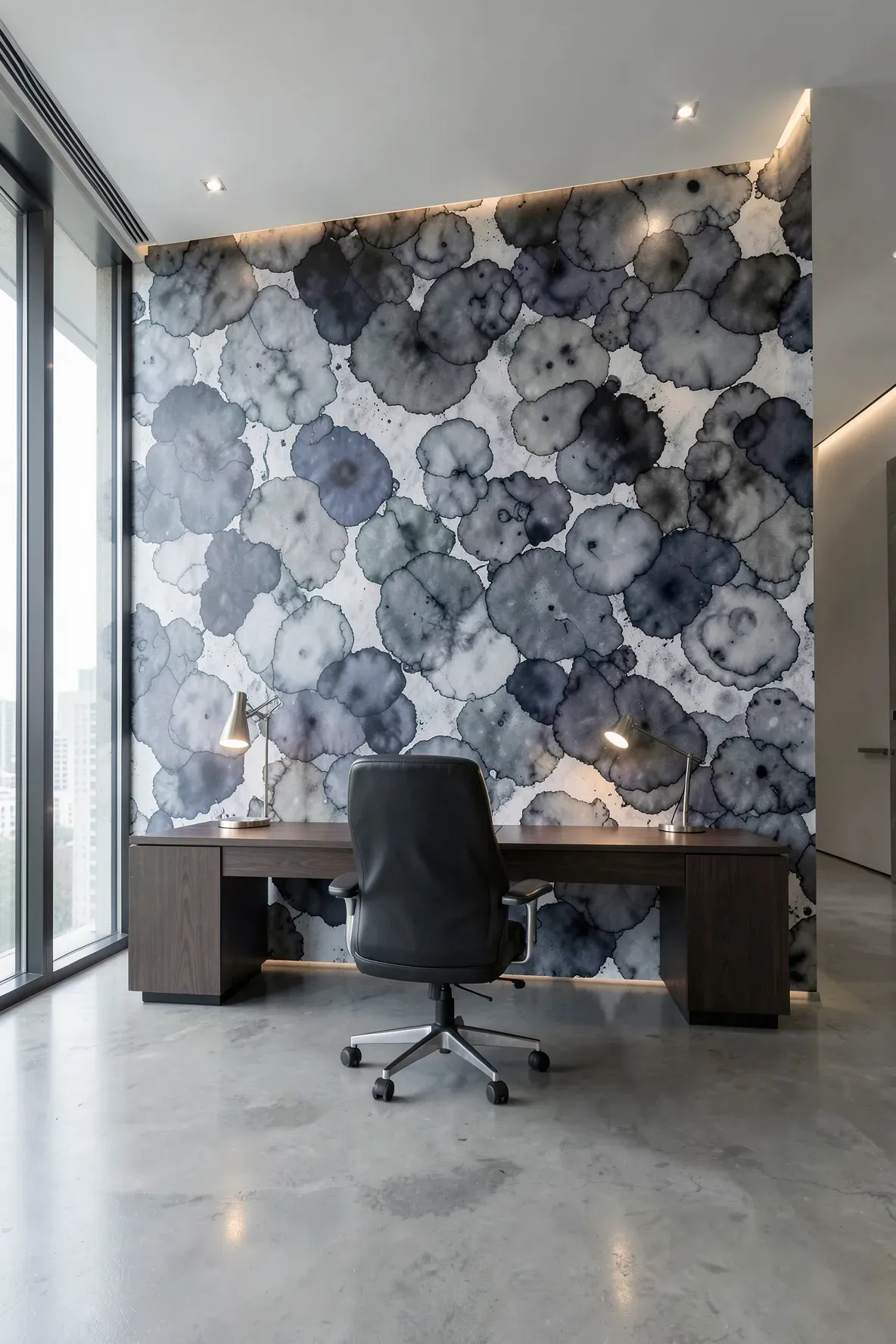 A modern office with a bold charcoal and indigo abstract ink blot accent wall behind a walnut desk.