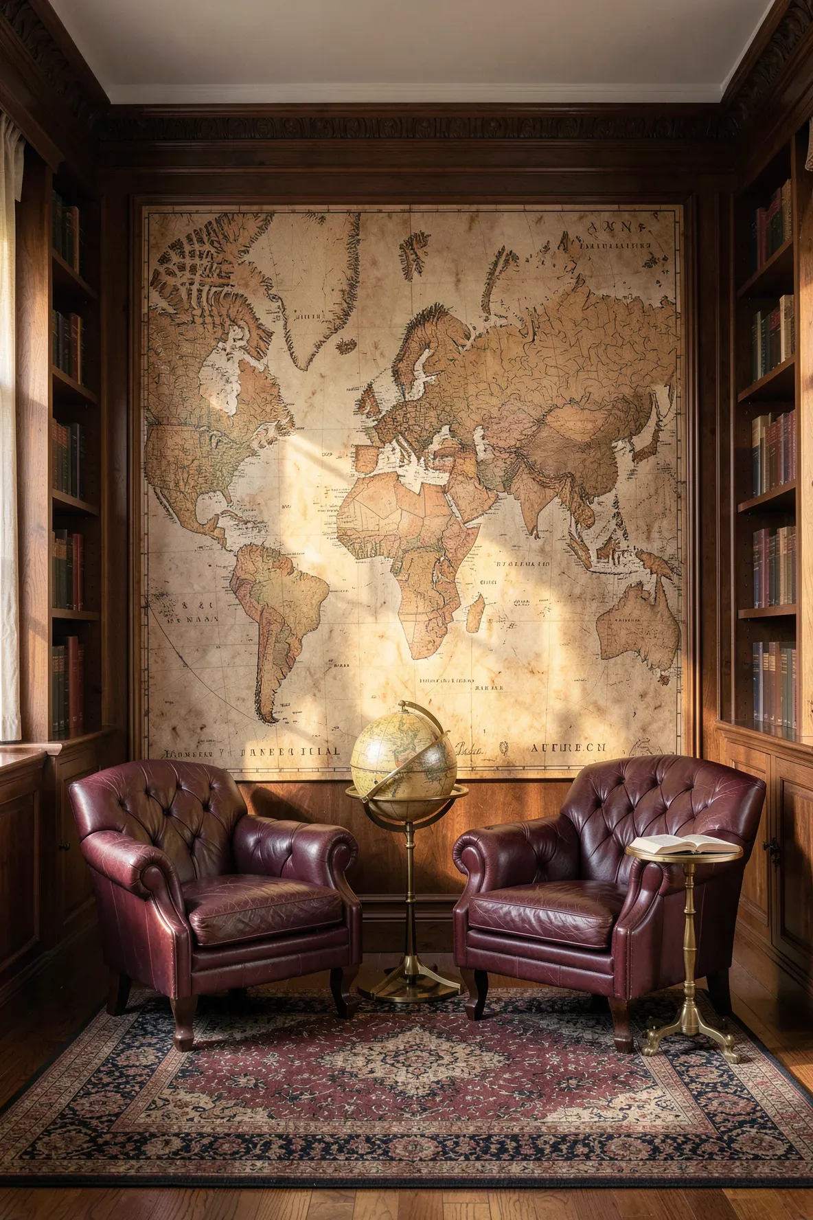 A scholarly study with a vintage sepia world map accent wall and dark wood bookshelves.