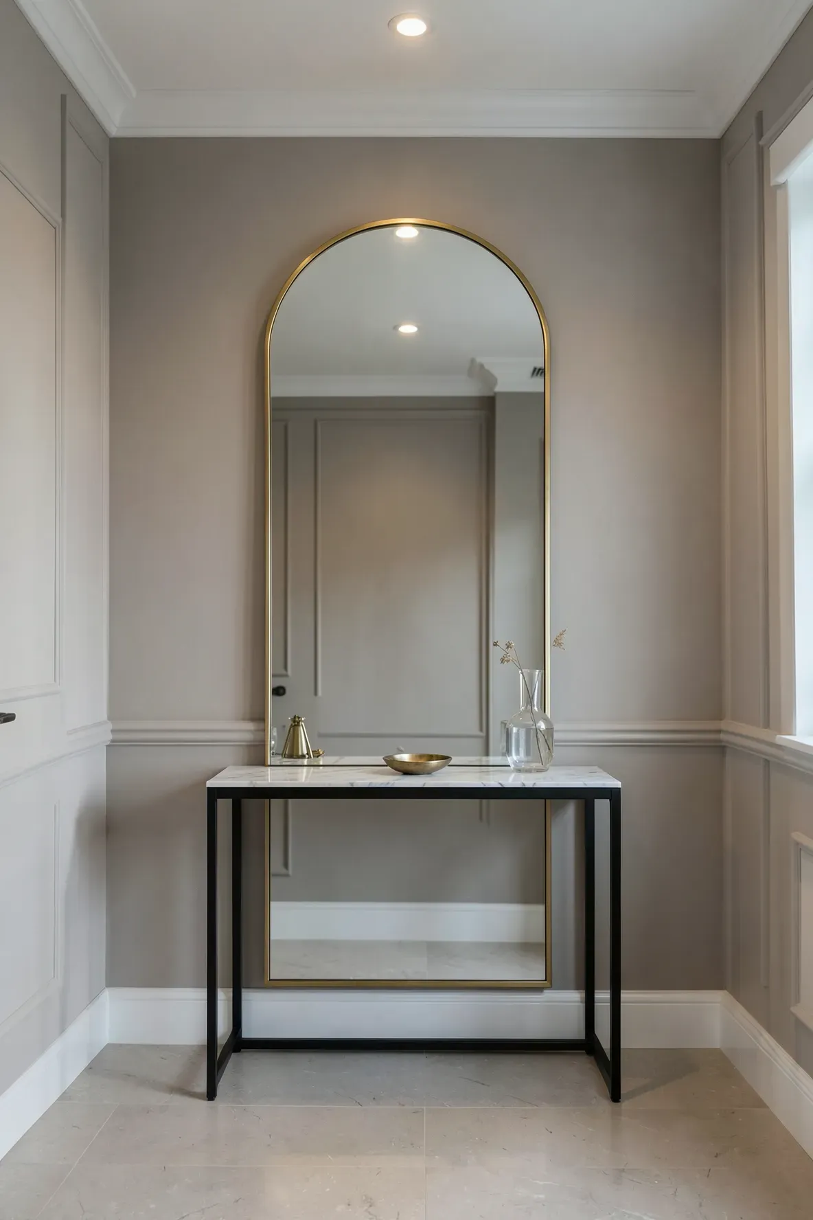 A tall arched mirror layered behind a thin console table in a stylishly decorated home foyer.