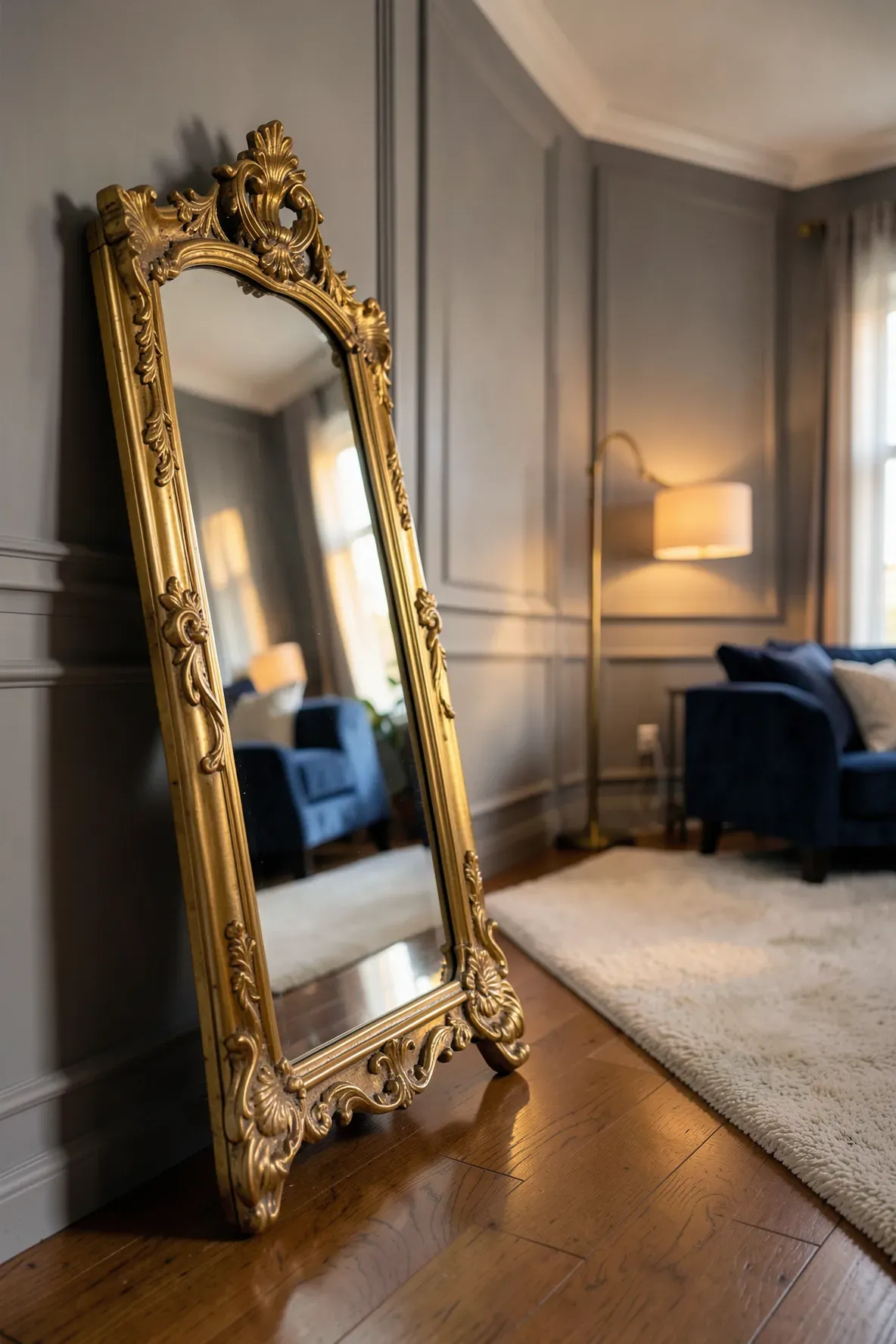 An ornate gold standing mirror angled in a living room corner reflecting a warm, cozy interior.