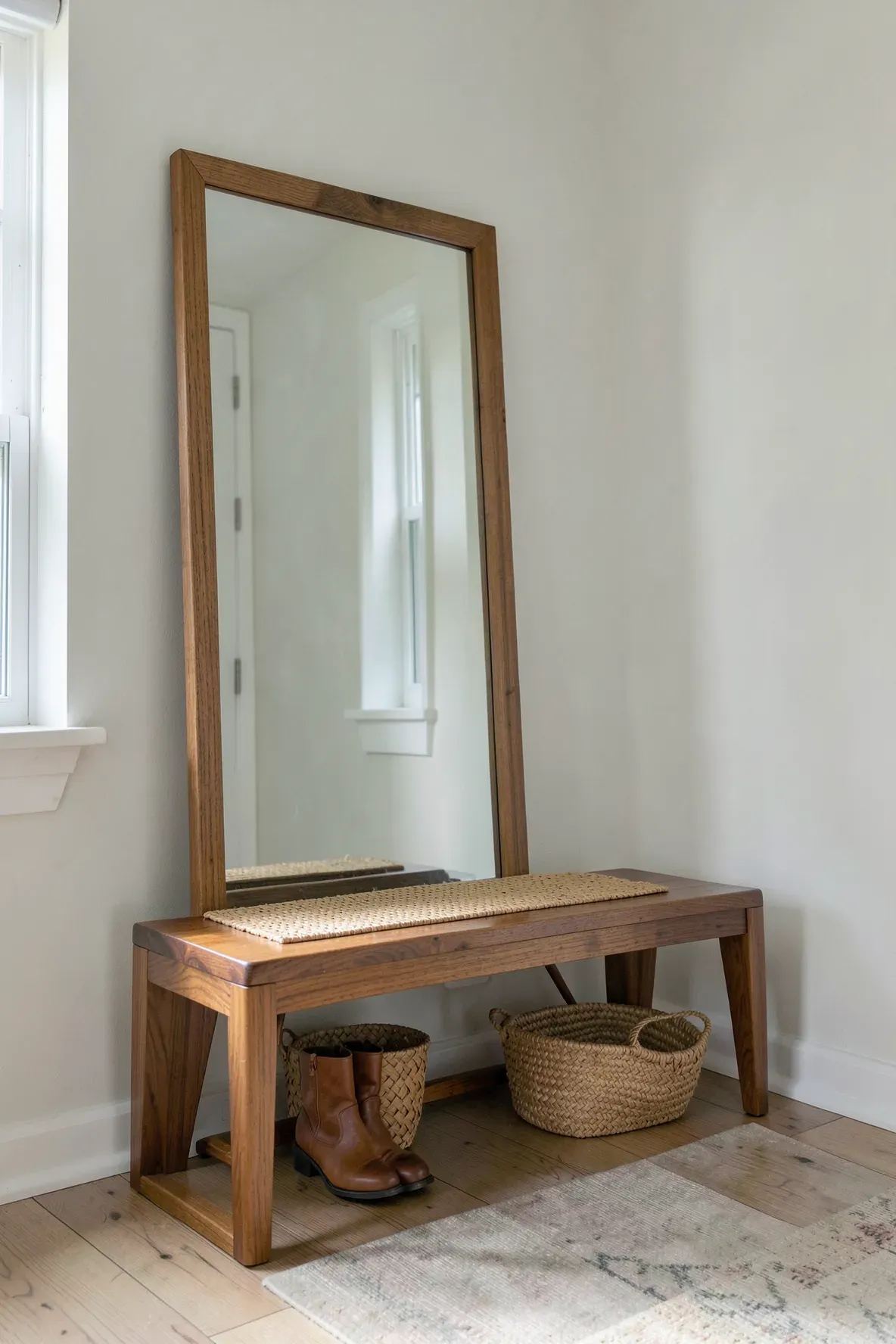 A matching wooden floor mirror and bench set creating an organized entryway landing zone.