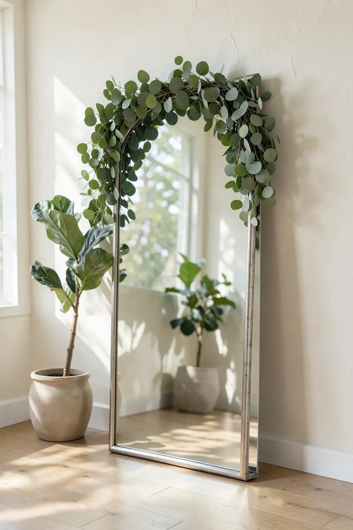 A full-length mirror decorated with a green eucalyptus garland draped over the corner in a boho room.