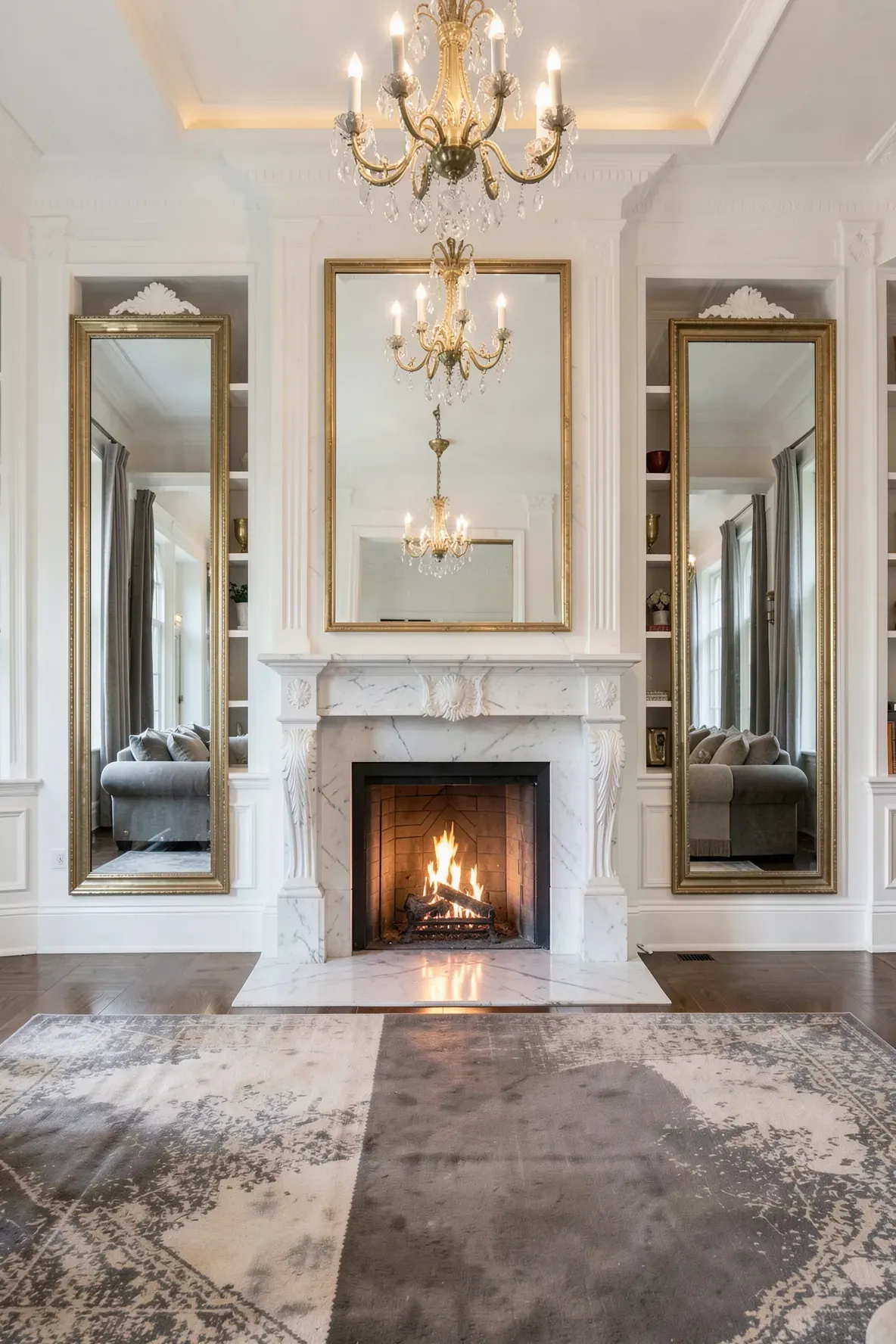 Two identical tall mirrors placed on either side of a white fireplace in a symmetrical living room.