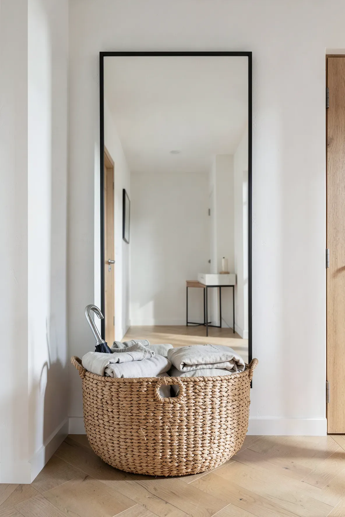 A large full-length mirror in a bright entryway with a textured woven basket at the base.