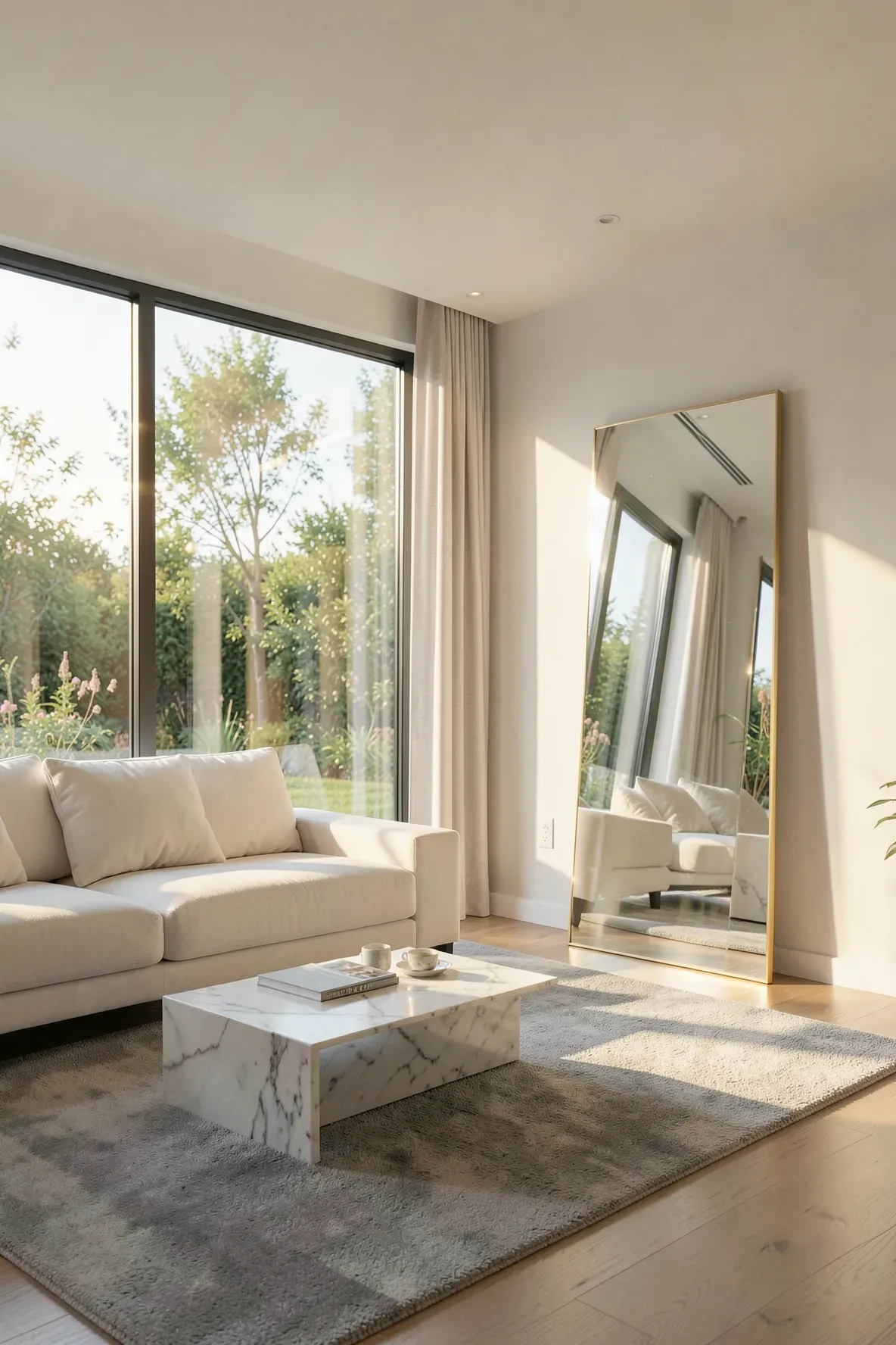 A tall mirror in a living room reflecting bright sunlight from a large window.