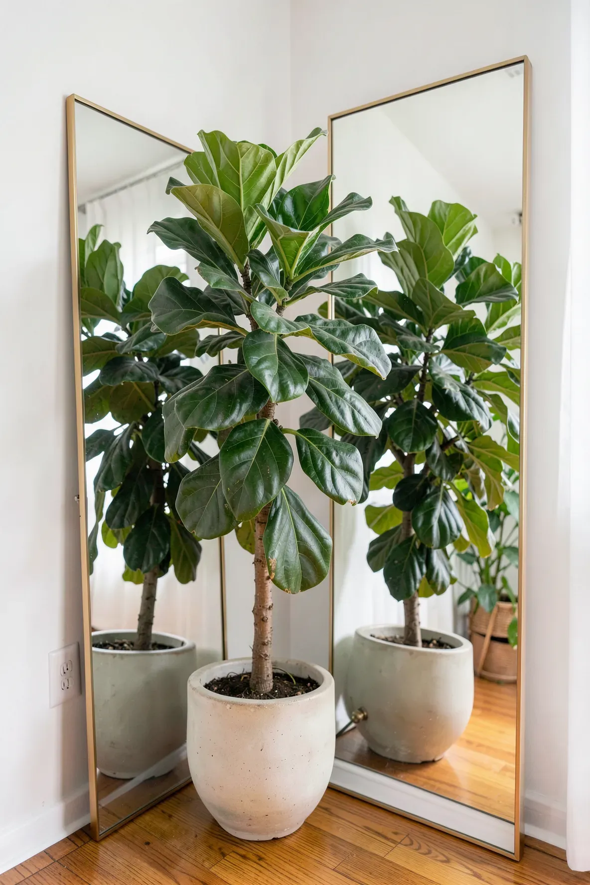 A tall mirror behind a large green fiddle leaf fig plant, reflecting its leaves.