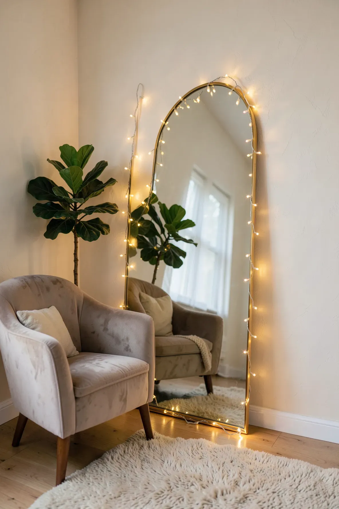 A tall arched mirror wrapped in twinkling fairy lights in a cozy, warm-toned living room corner.