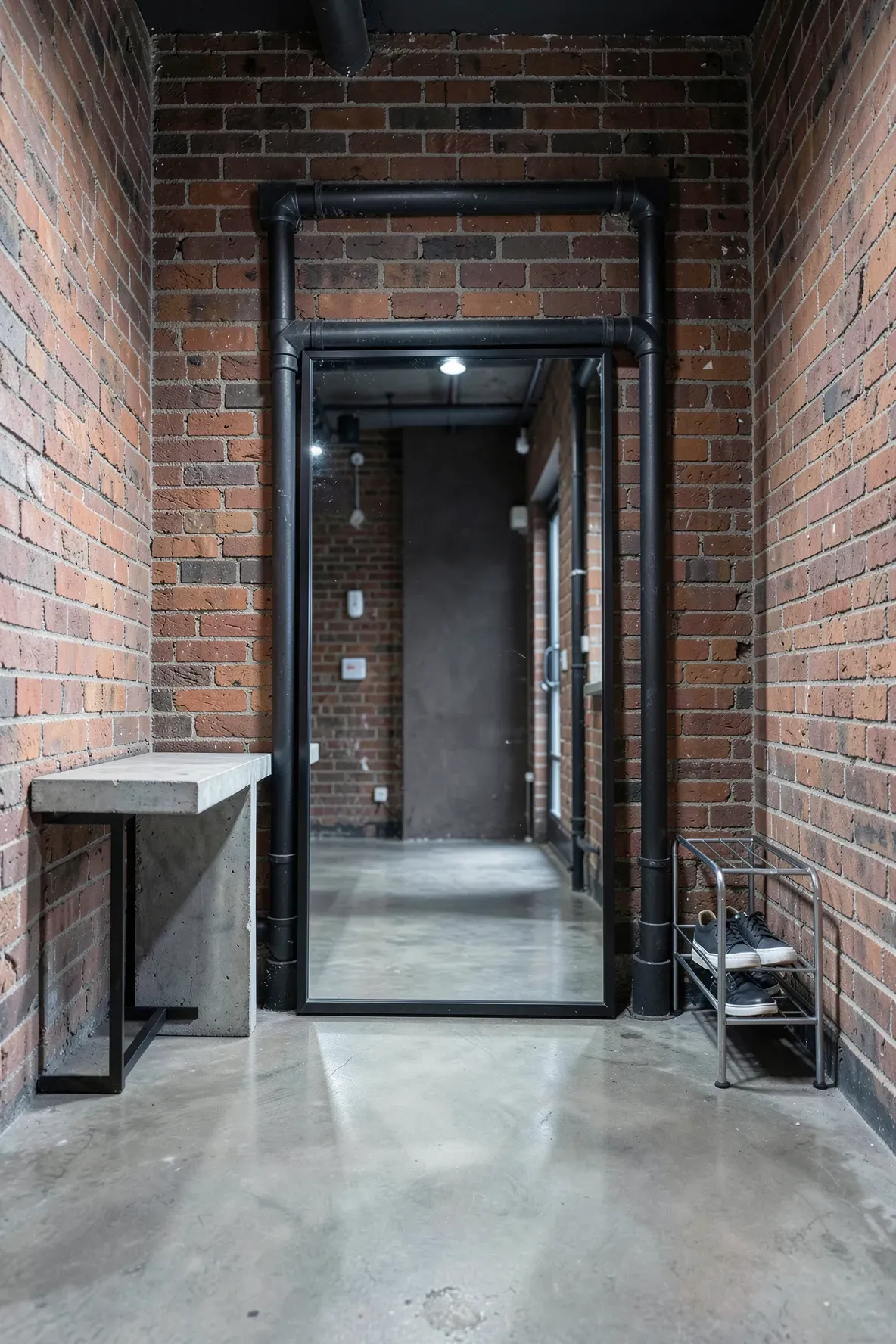 An industrial mirror with a black iron pipe frame against a red brick wall in a modern loft.