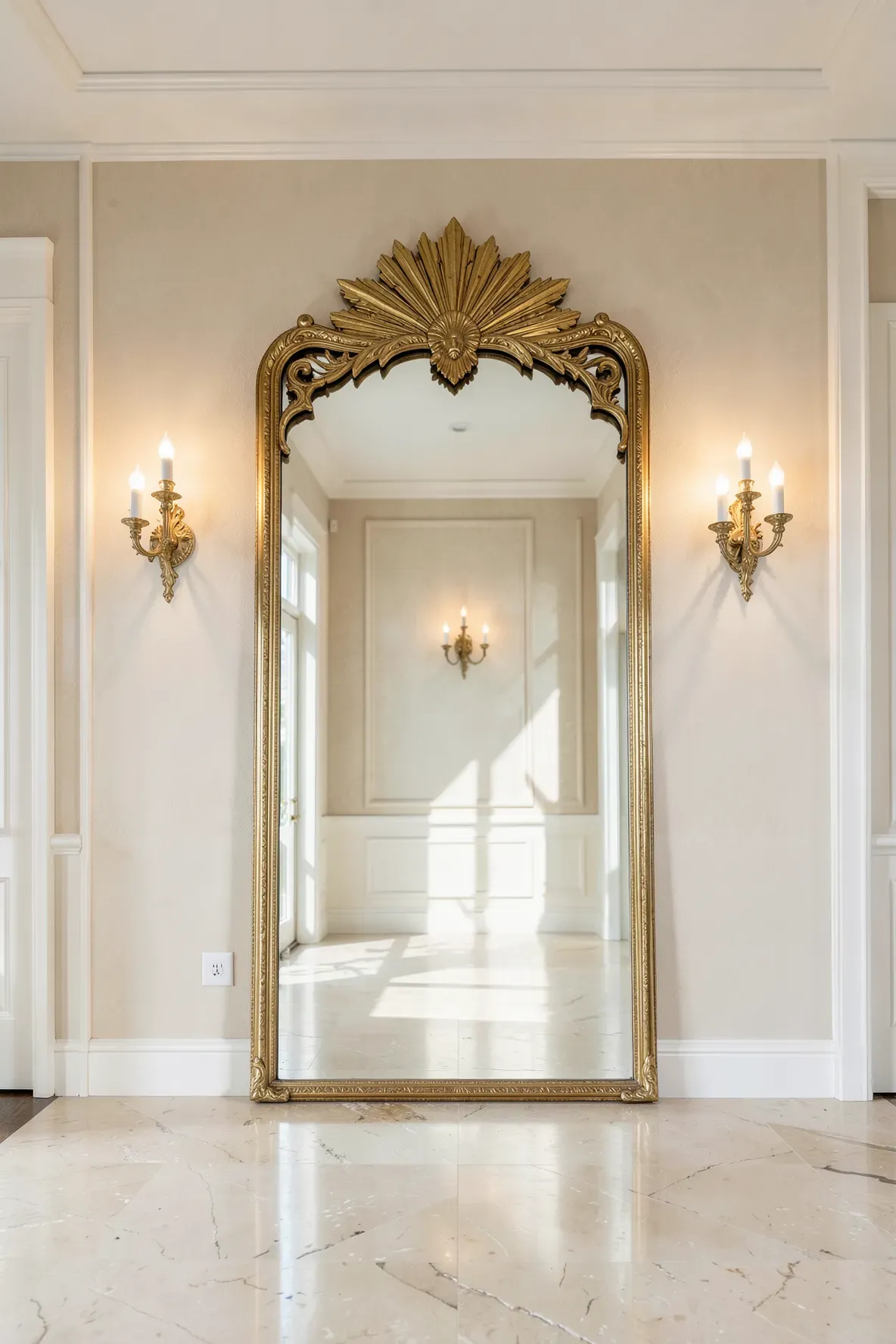 A tall mirror with a golden sunburst top detail mounted in a bright, luxurious foyer.