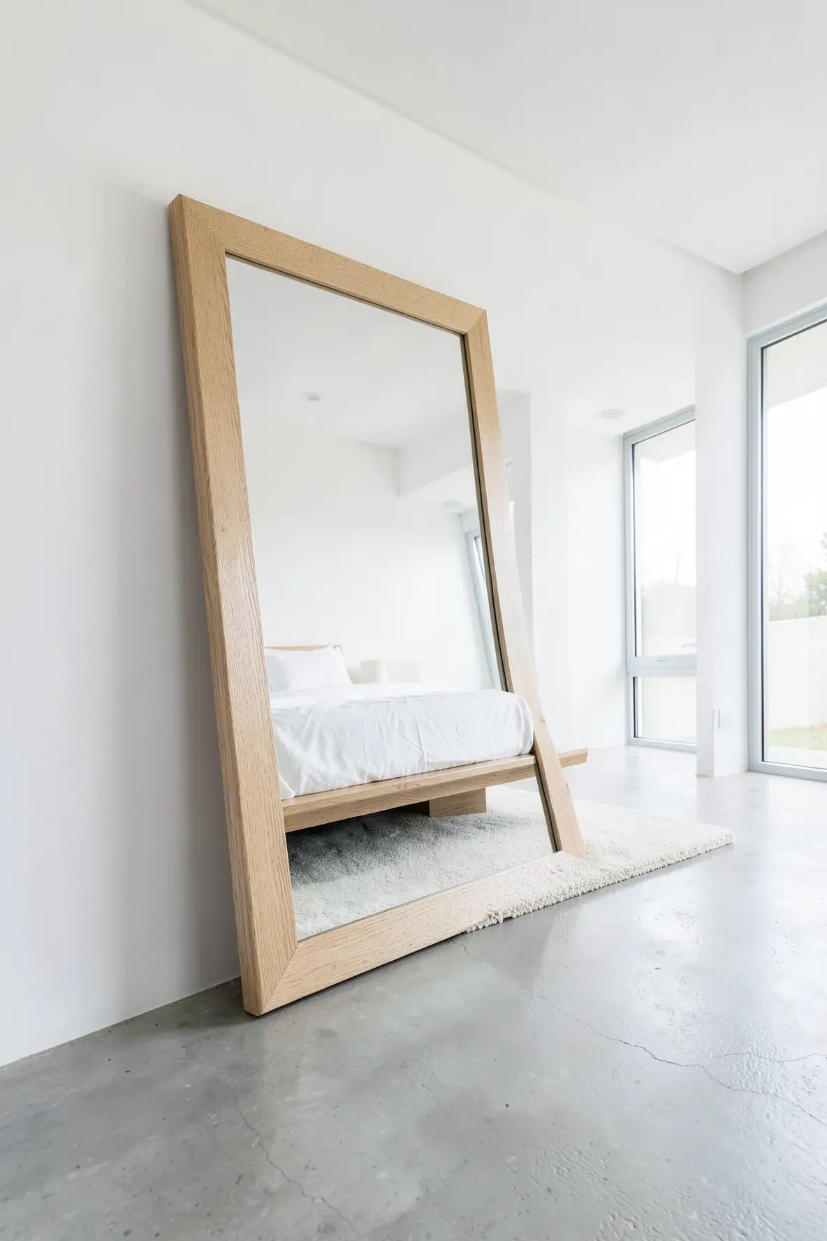 A large oak-framed full-length mirror leaning against a white wall in a bright minimalist bedroom.