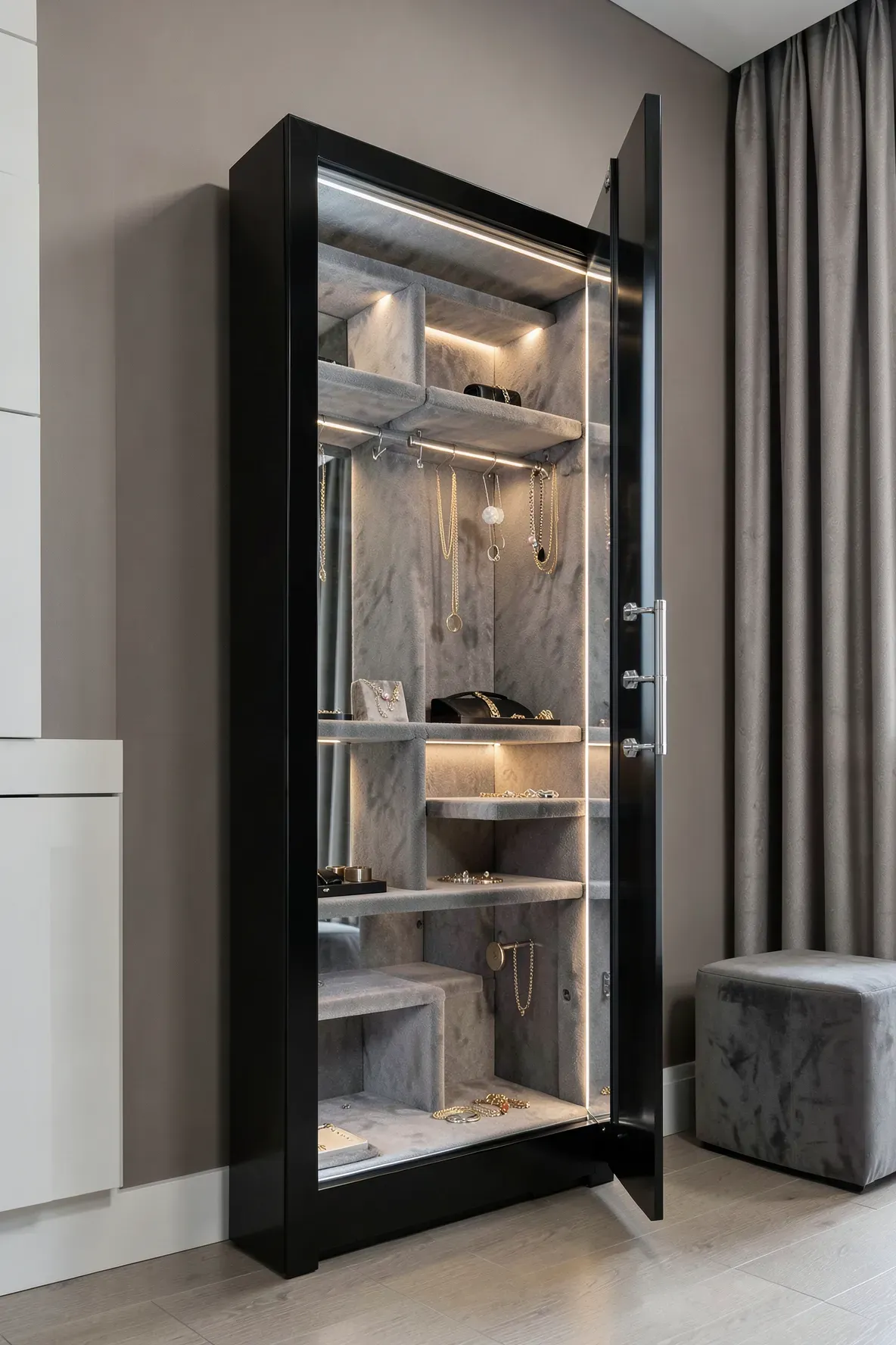 A black full-length mirror cabinet opened to reveal organized jewelry storage inside.