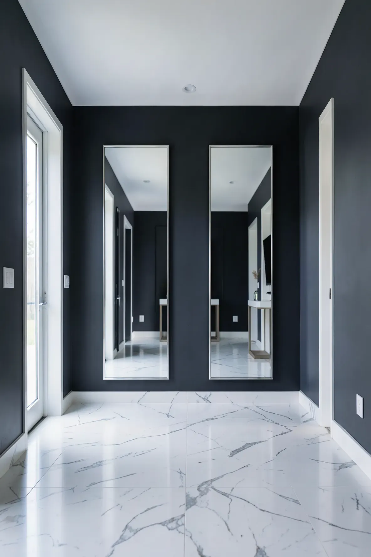 Two identical tall mirrors mounted side-by-side on a dark wall in a spacious modern entryway.