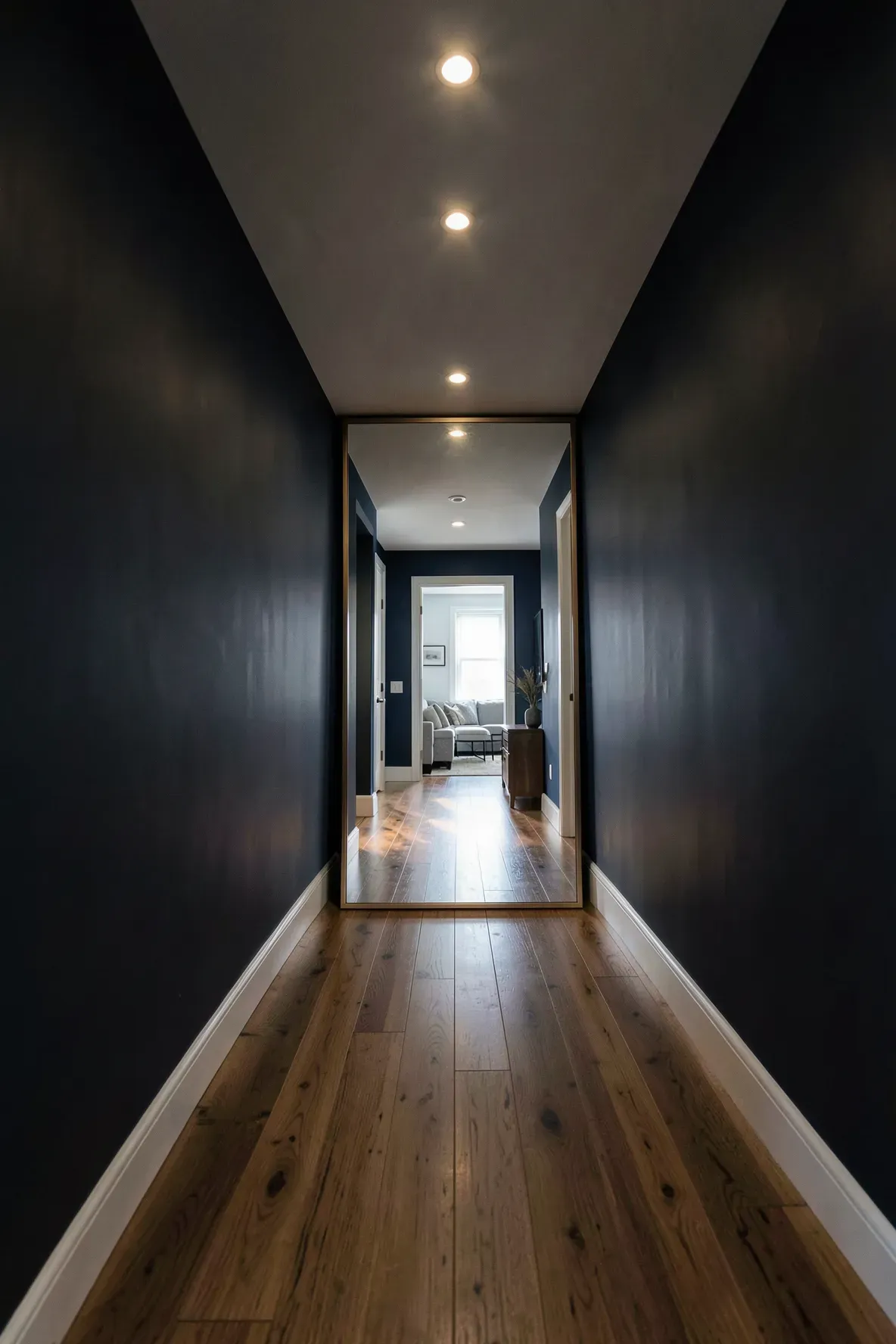A mirror at the end of a dark hallway reflecting a bright room to create an illusion of depth.