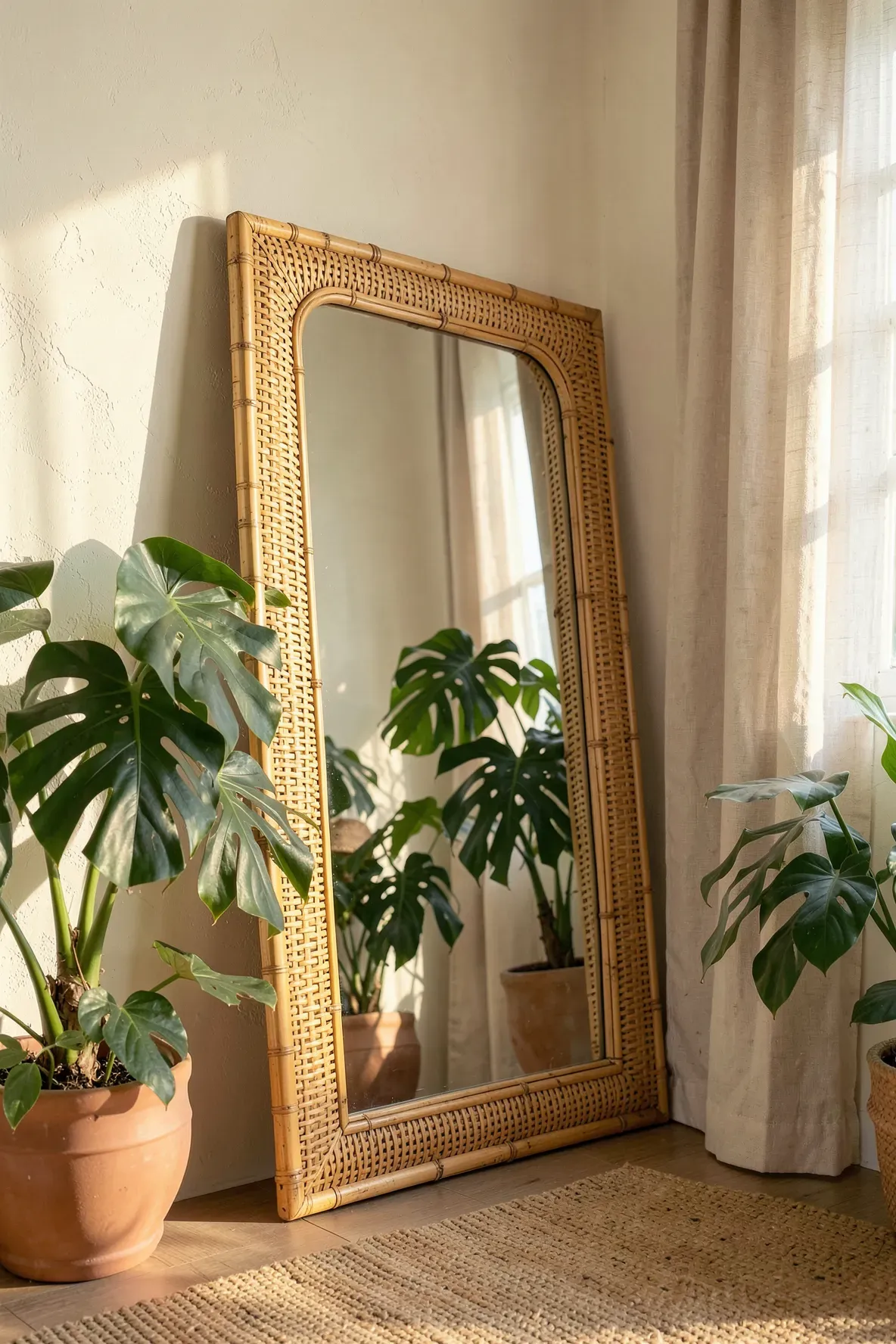 A bamboo-framed full-length mirror in a bright room with tropical plants and a jute rug.